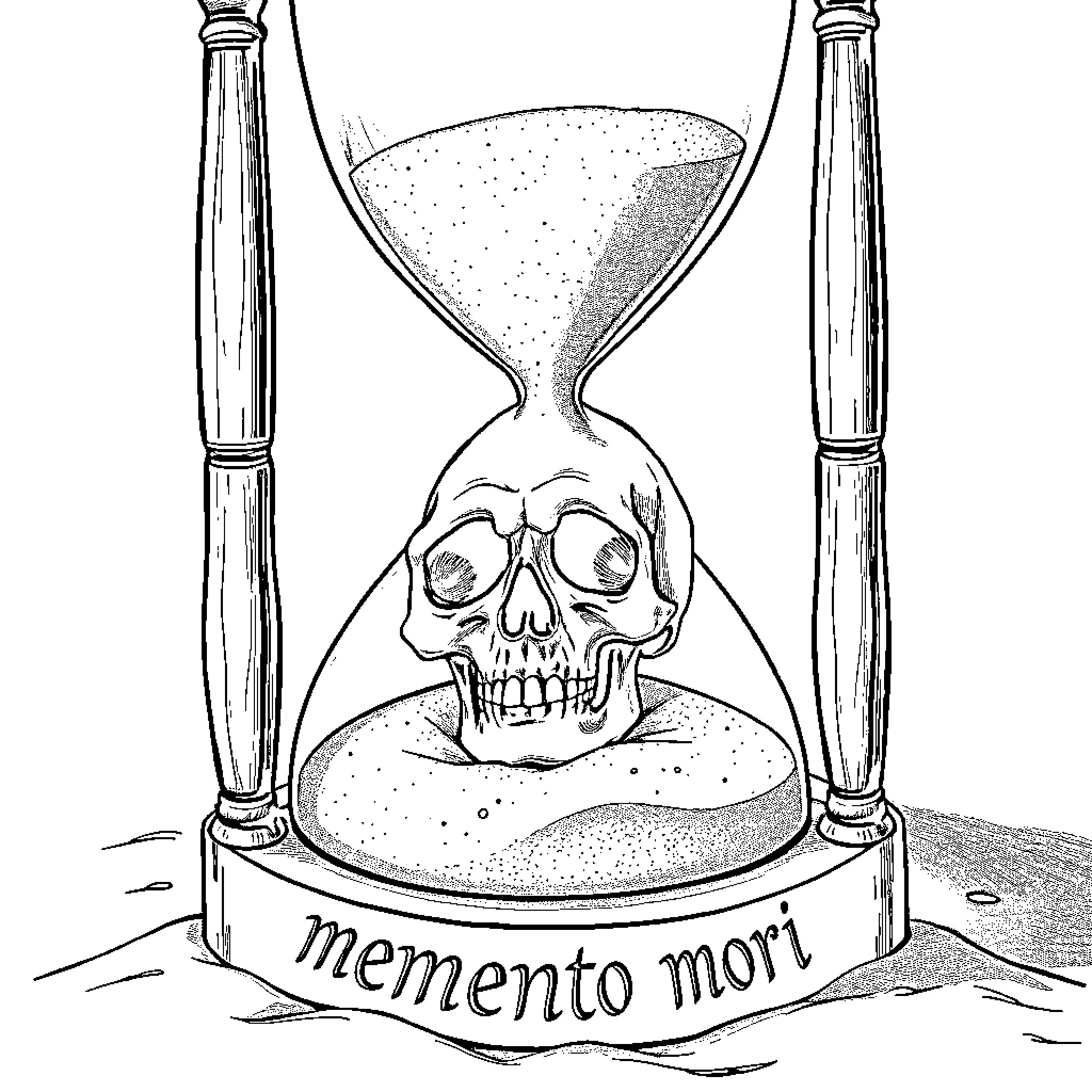 Sand Clock with Skull and Memento Mori Coloring Page (free black-and-white line drawing printable PDF for all, from beginners to advanced learners, including children, teens, adults, and seniors)
