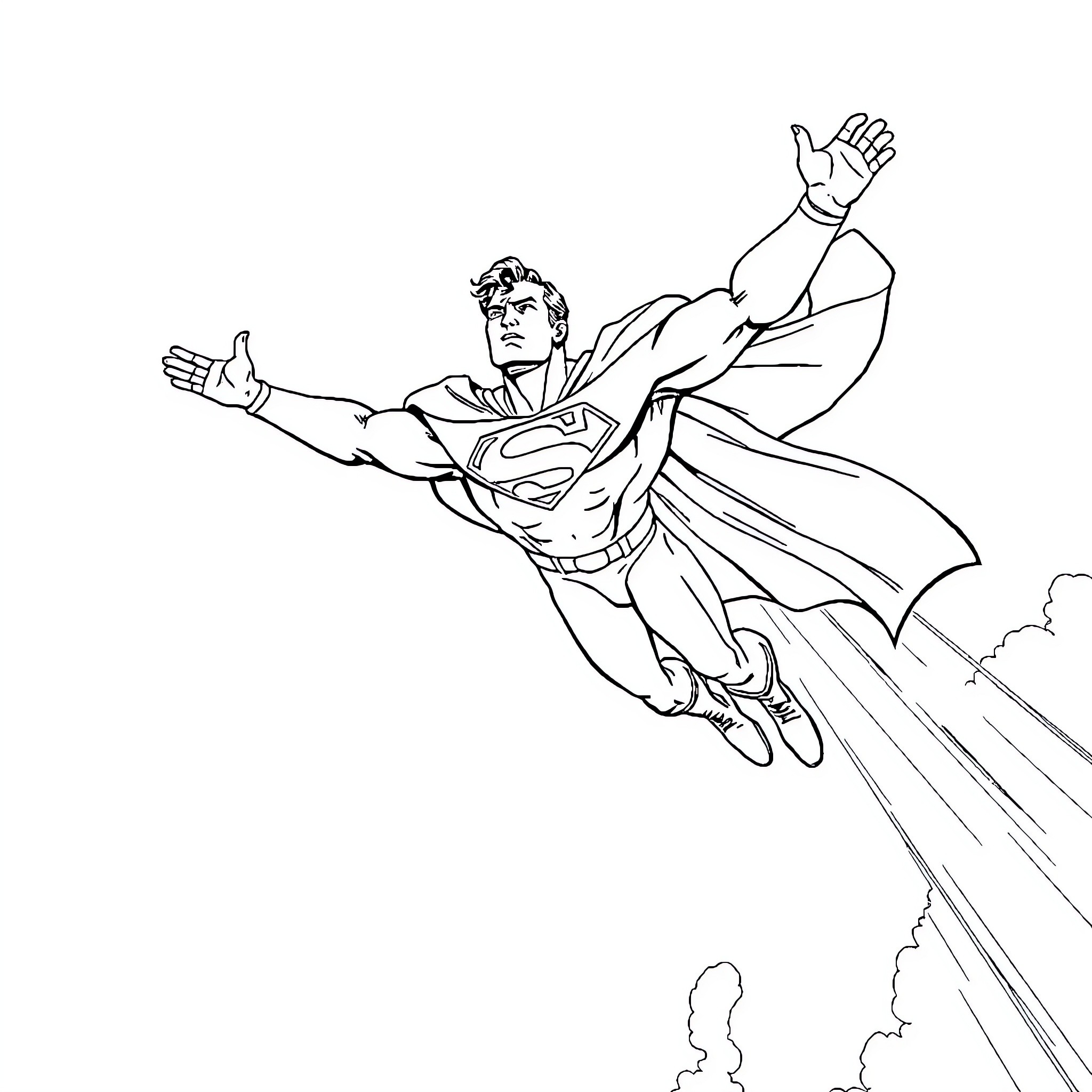 Superman soaring with outstretched arms Coloring Page (free black-and-white line drawing printable PDF for all, from beginners to advanced learners, including children, teens, adults, and seniors)