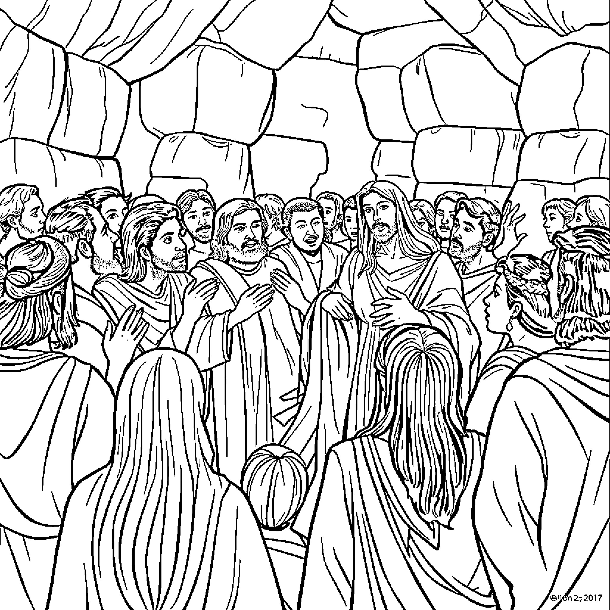 Woman preaching to a crowd in an ancient setting Coloring Page (free black-and-white line drawing printable PDF for all, from beginners to advanced learners, including children, teens, adults, and seniors)