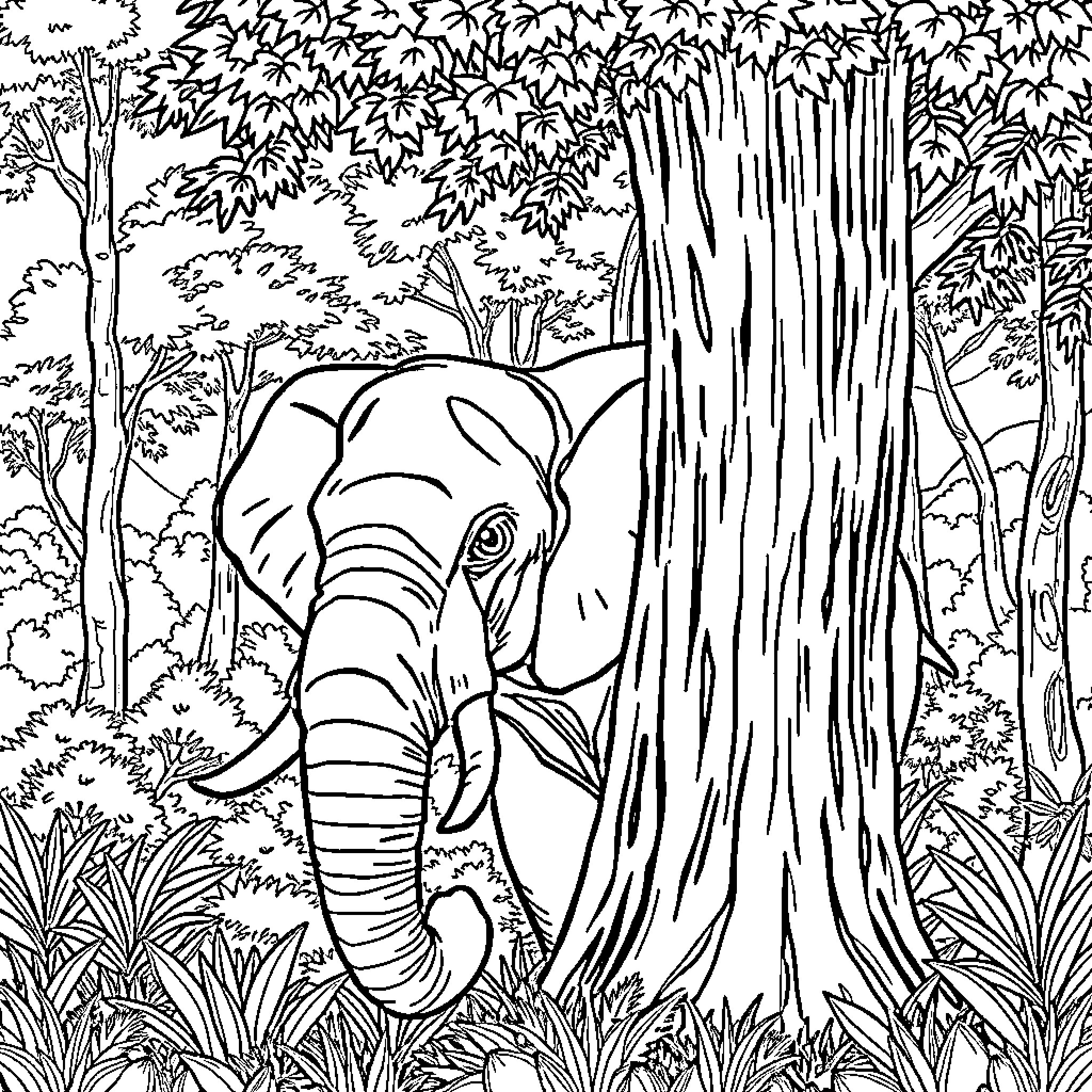 Elephant exploring the lush forest landscape Coloring Page (free black-and-white line drawing printable PDF for all, from beginners to advanced learners, including children, teens, adults, and seniors)
