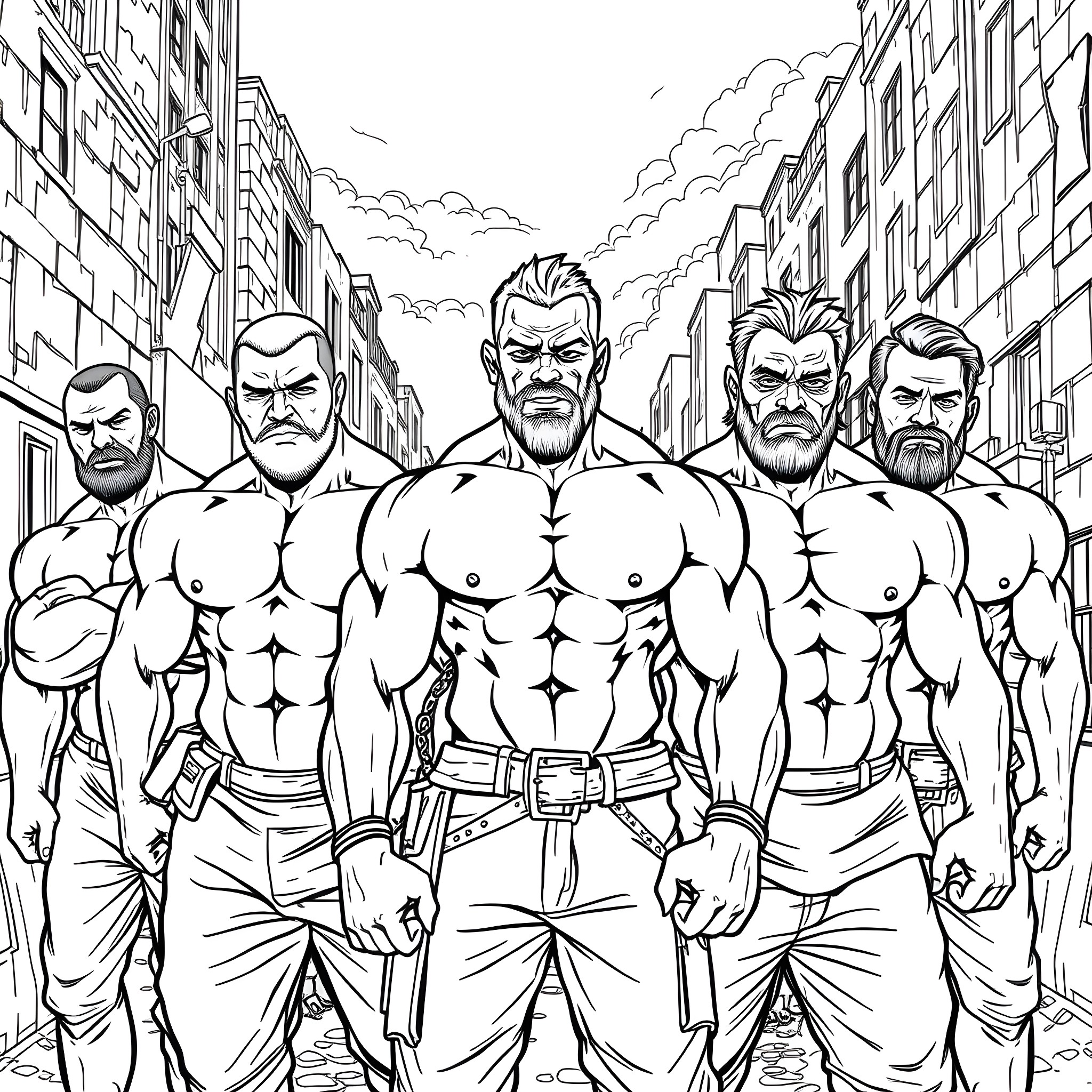 Guy muscular superheroes walking on city street Coloring Page (free black-and-white line drawing printable PDF for all, from beginners to advanced learners, including children, teens, adults, and seniors)