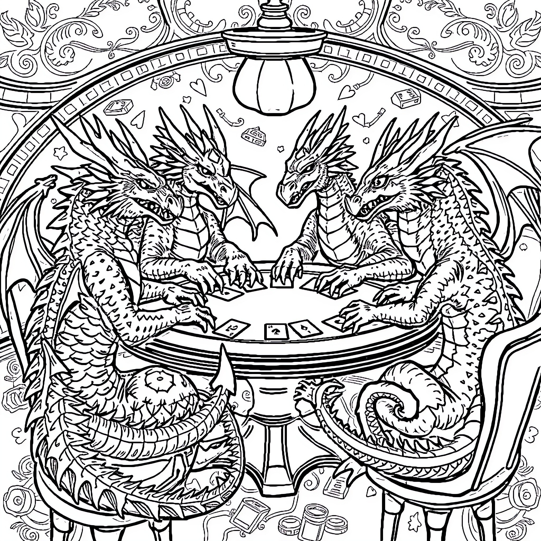 Dragon Companions Playing Cards Together Coloring Page (free black-and-white line drawing printable PDF for all, from beginners to advanced learners, including children, teens, adults, and seniors)
