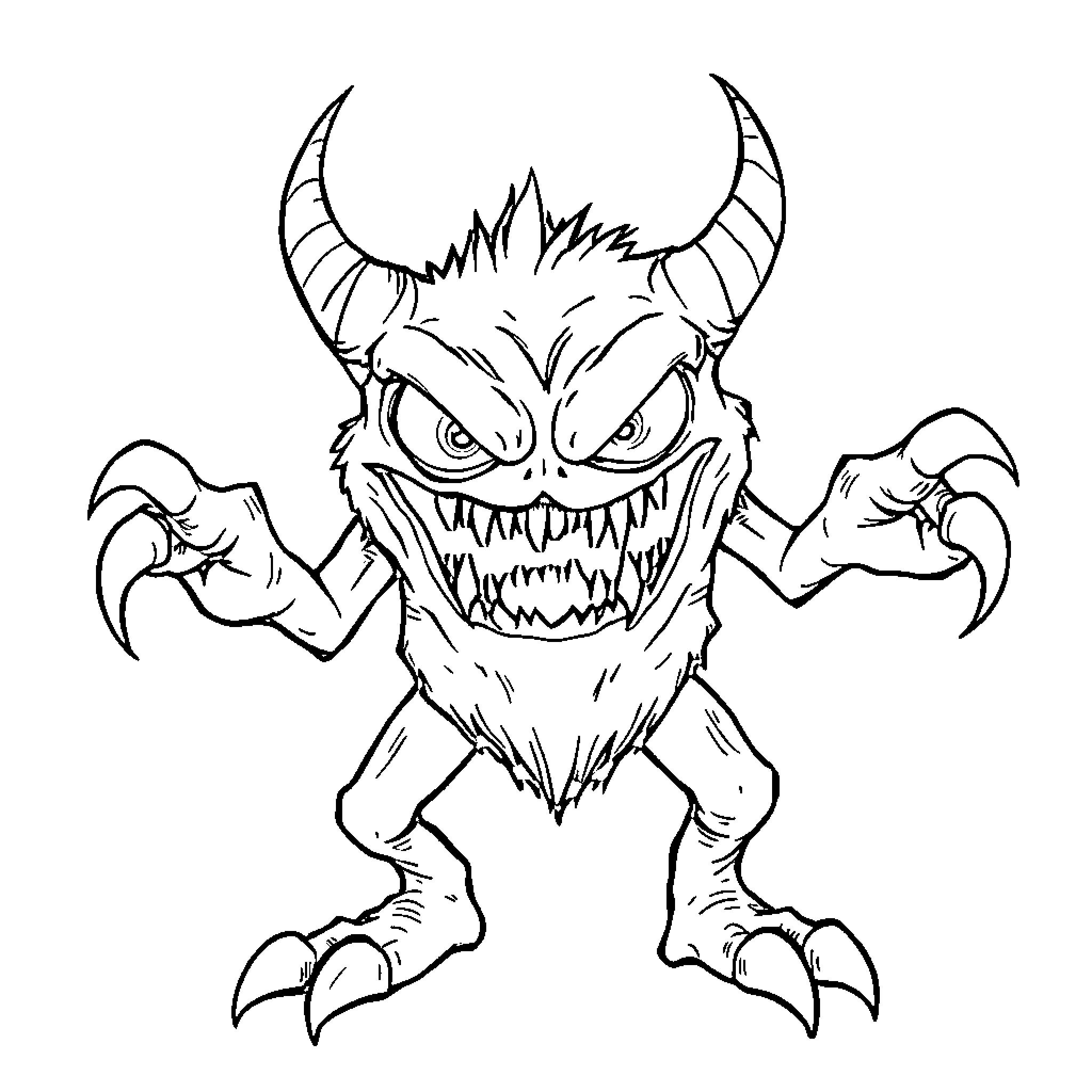 Monster with Fearsome Claws and Fangs Coloring Page (free black-and-white line drawing printable PDF for all, from beginners to advanced learners, including children, teens, adults, and seniors)