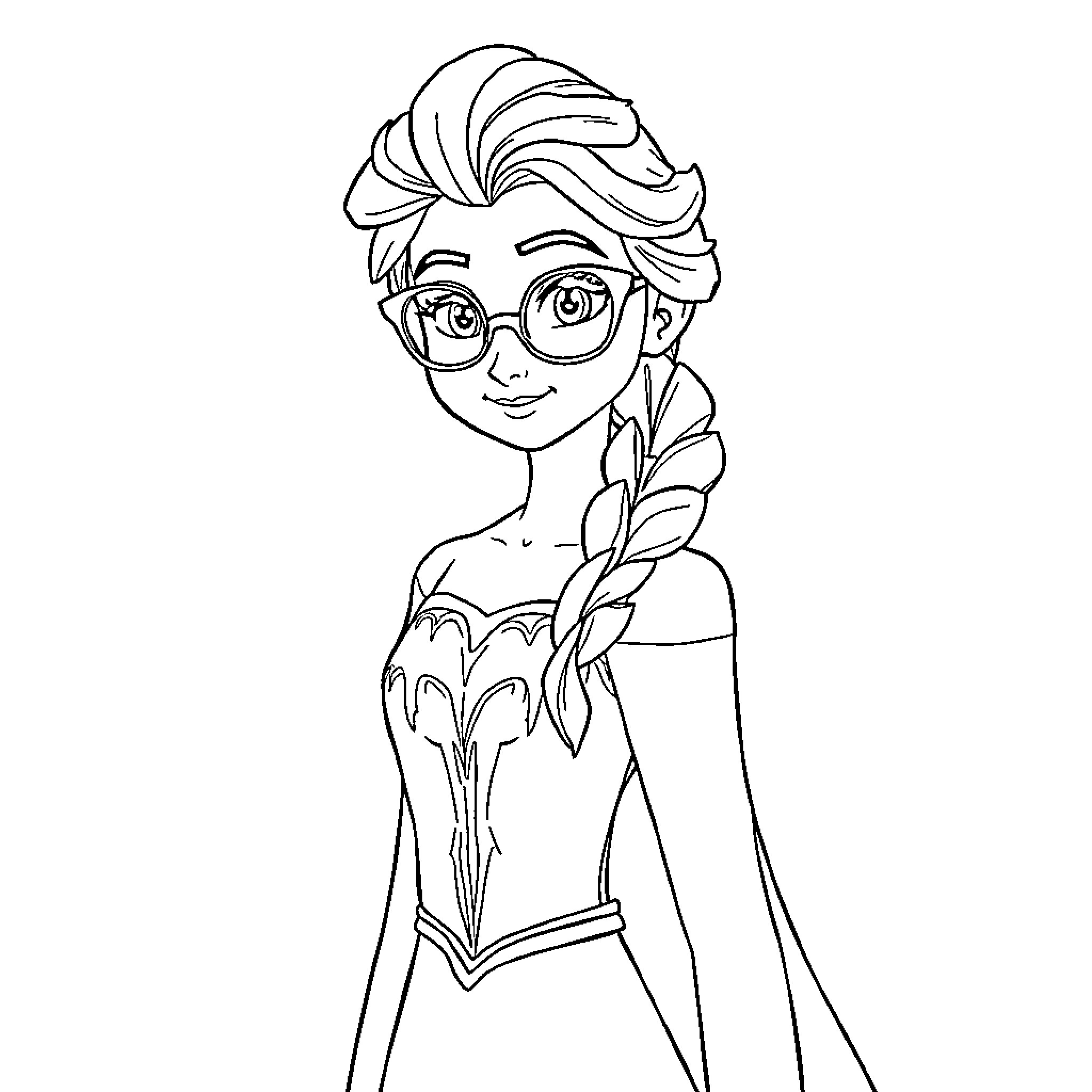 Elsa wearing glasses and braided hairstyle Coloring Page (free black-and-white line drawing printable PDF for all, from beginners to advanced learners, including children, teens, adults, and seniors)
