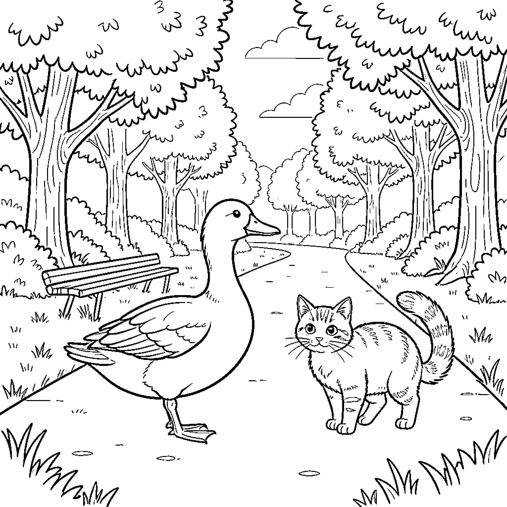 Pato the Duck and Curious Cat in the Forest Coloring Page (free black-and-white line drawing printable PDF for all, from beginners to advanced learners, including children, teens, adults, and seniors)