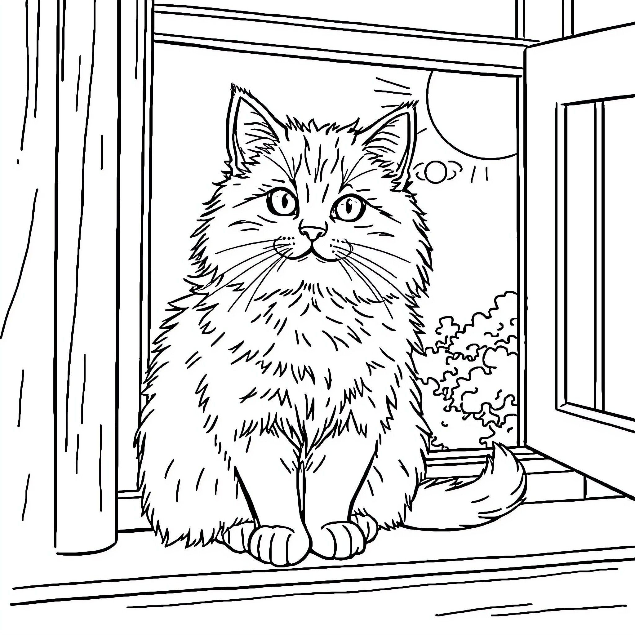 Cat sitting on window sill Coloring Page (free black-and-white line drawing printable PDF for all, from beginners to advanced learners, including children, teens, adults, and seniors)