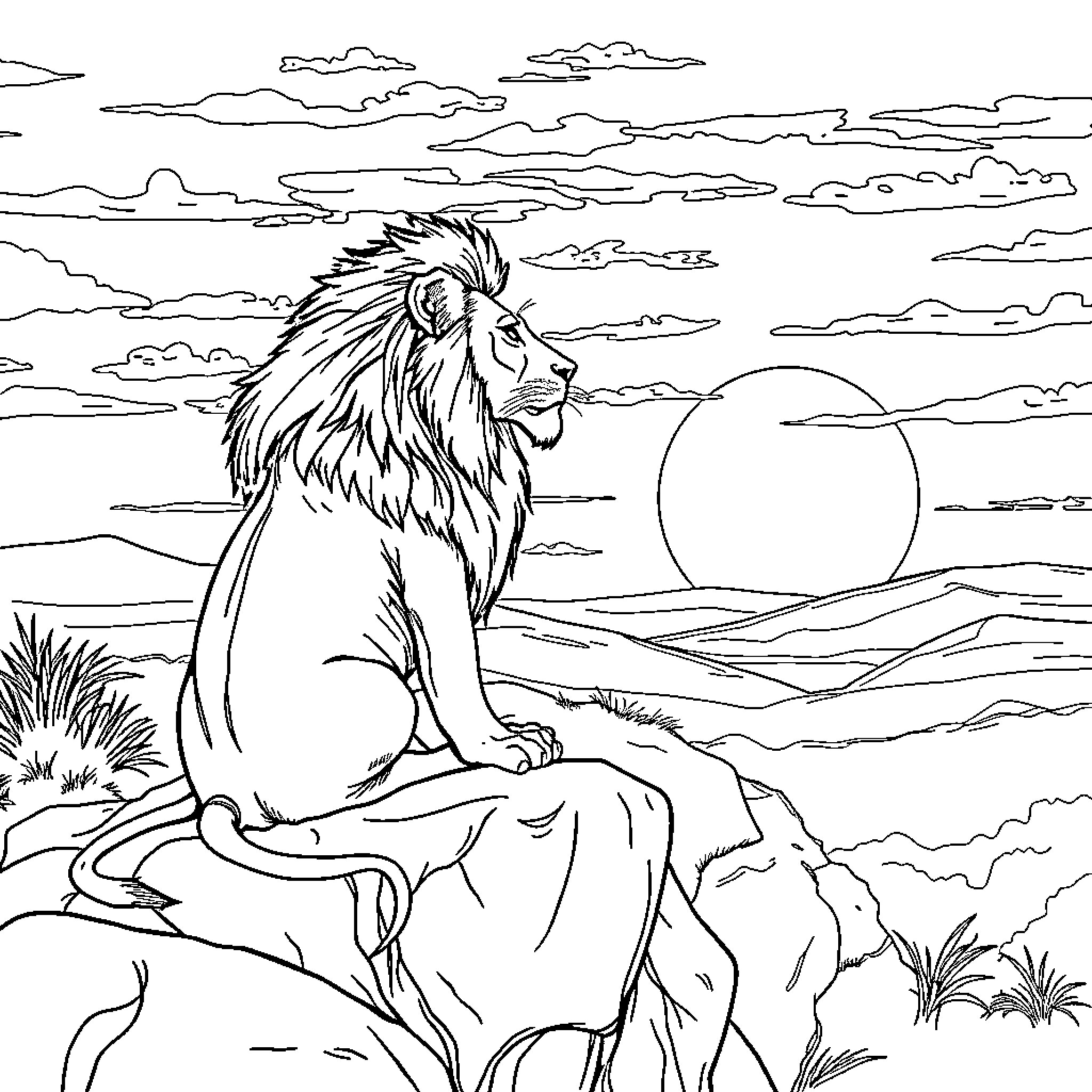 Lion gazing at the majestic sunset Coloring Page (free black-and-white line drawing printable PDF for all, from beginners to advanced learners, including children, teens, adults, and seniors)