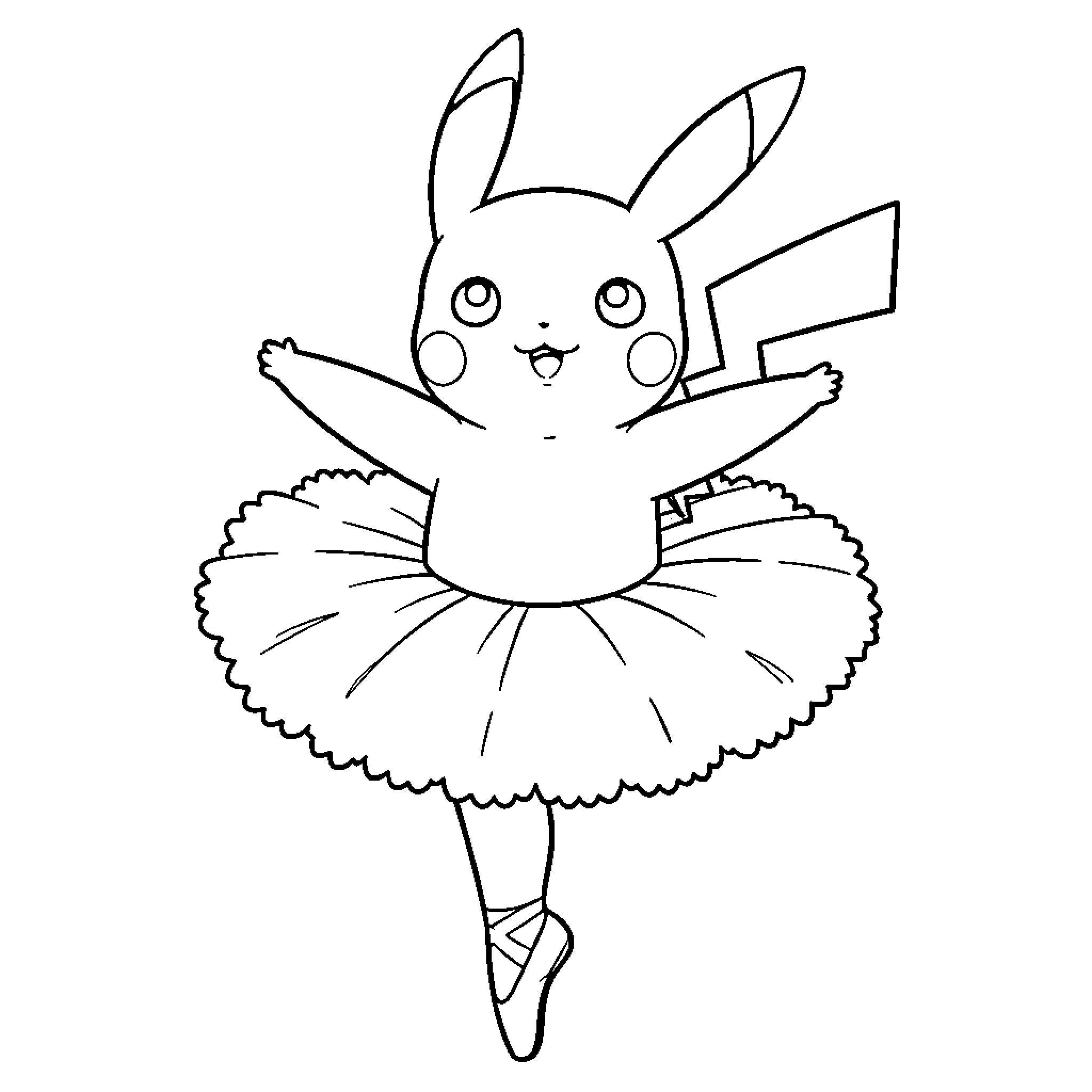 Pikachu dancing gracefully in a ballet tutu on pointe Coloring Page (free black-and-white line drawing printable PDF for all, from beginners to advanced learners, including children, teens, adults, and seniors)