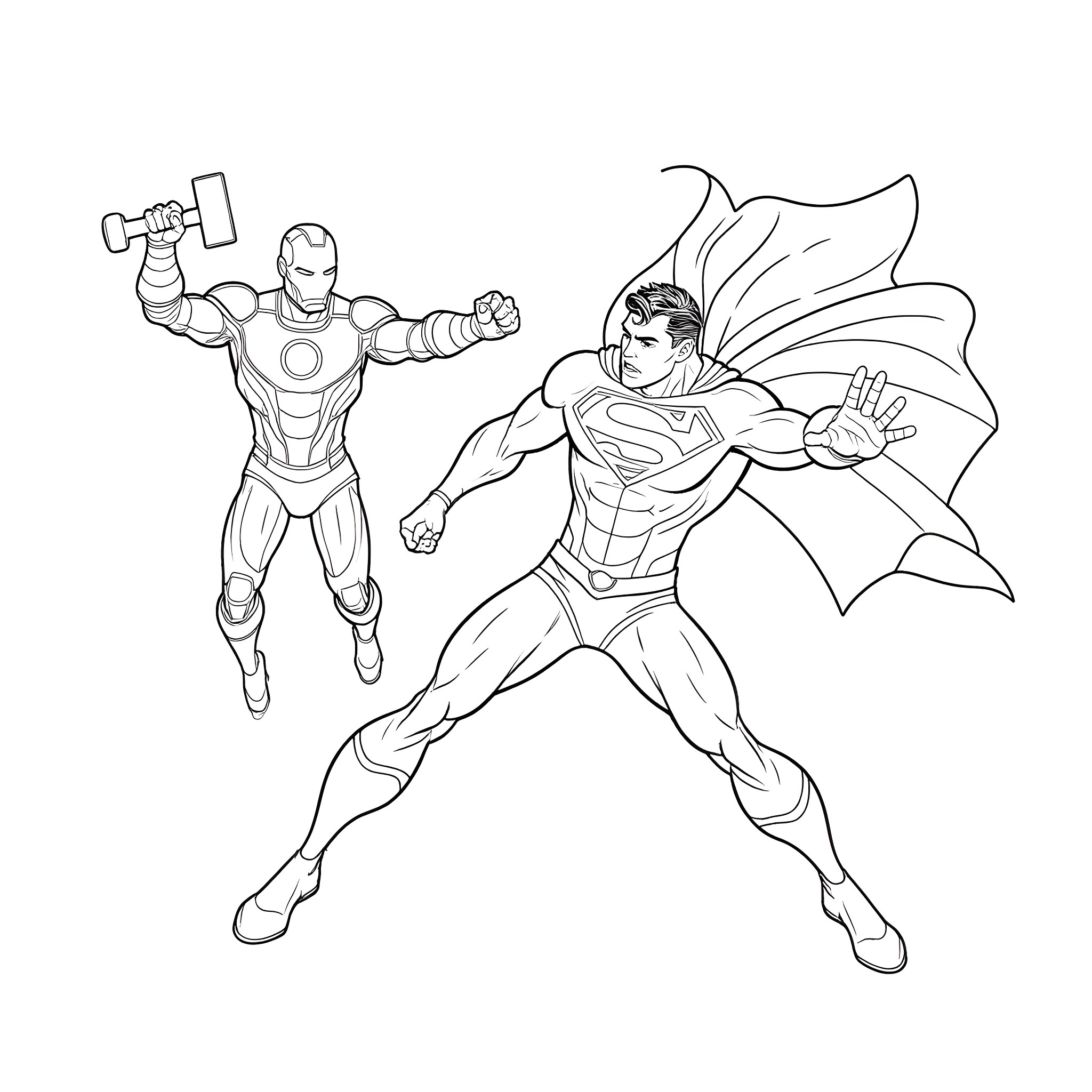 Superman and Iron Man in action poses Coloring Page (free black-and-white line drawing printable PDF for all, from beginners to advanced learners, including children, teens, adults, and seniors)