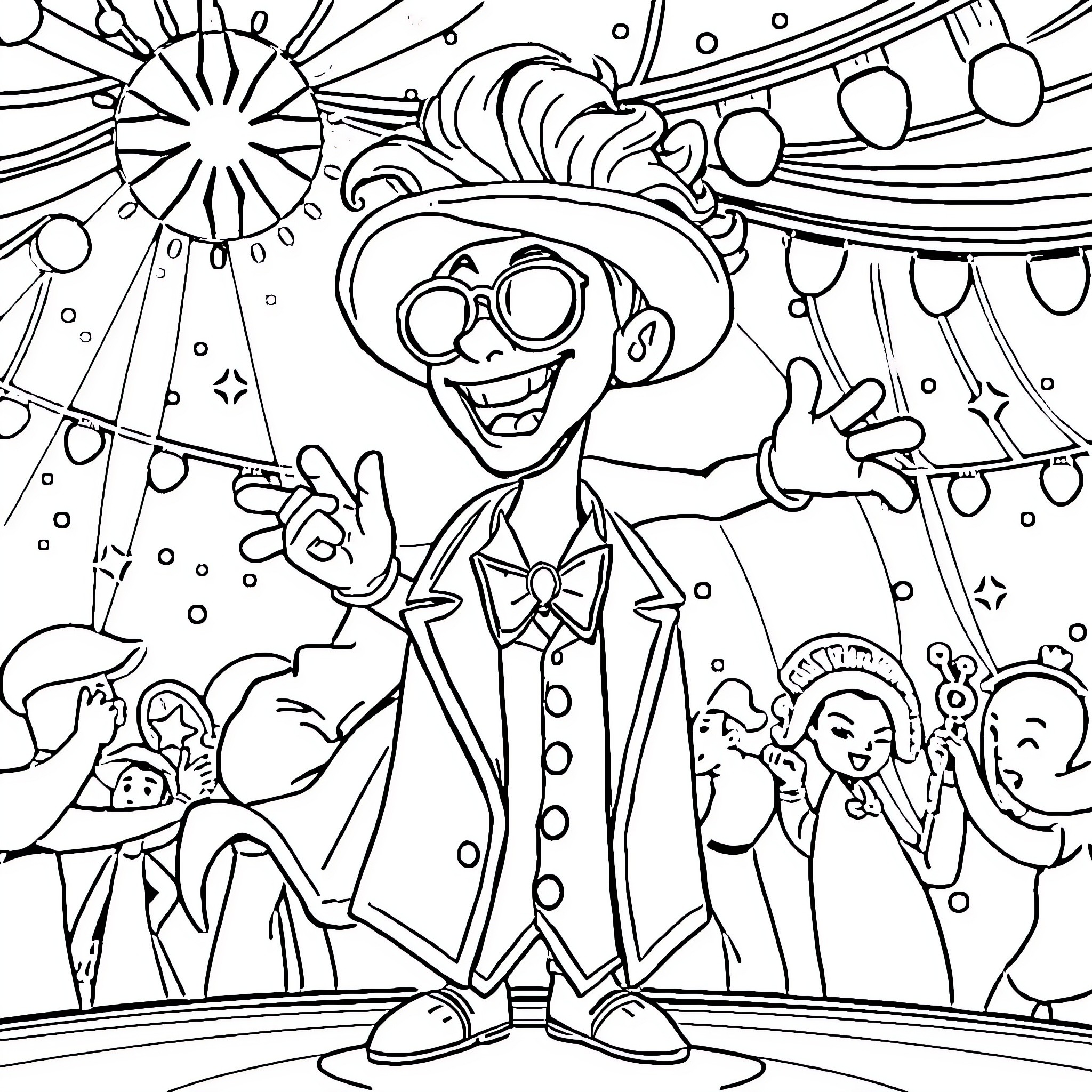 Jax's Exciting Carnival Adventure Coloring Page (free black-and-white line drawing printable PDF for all, from beginners to advanced learners, including children, teens, adults, and seniors)