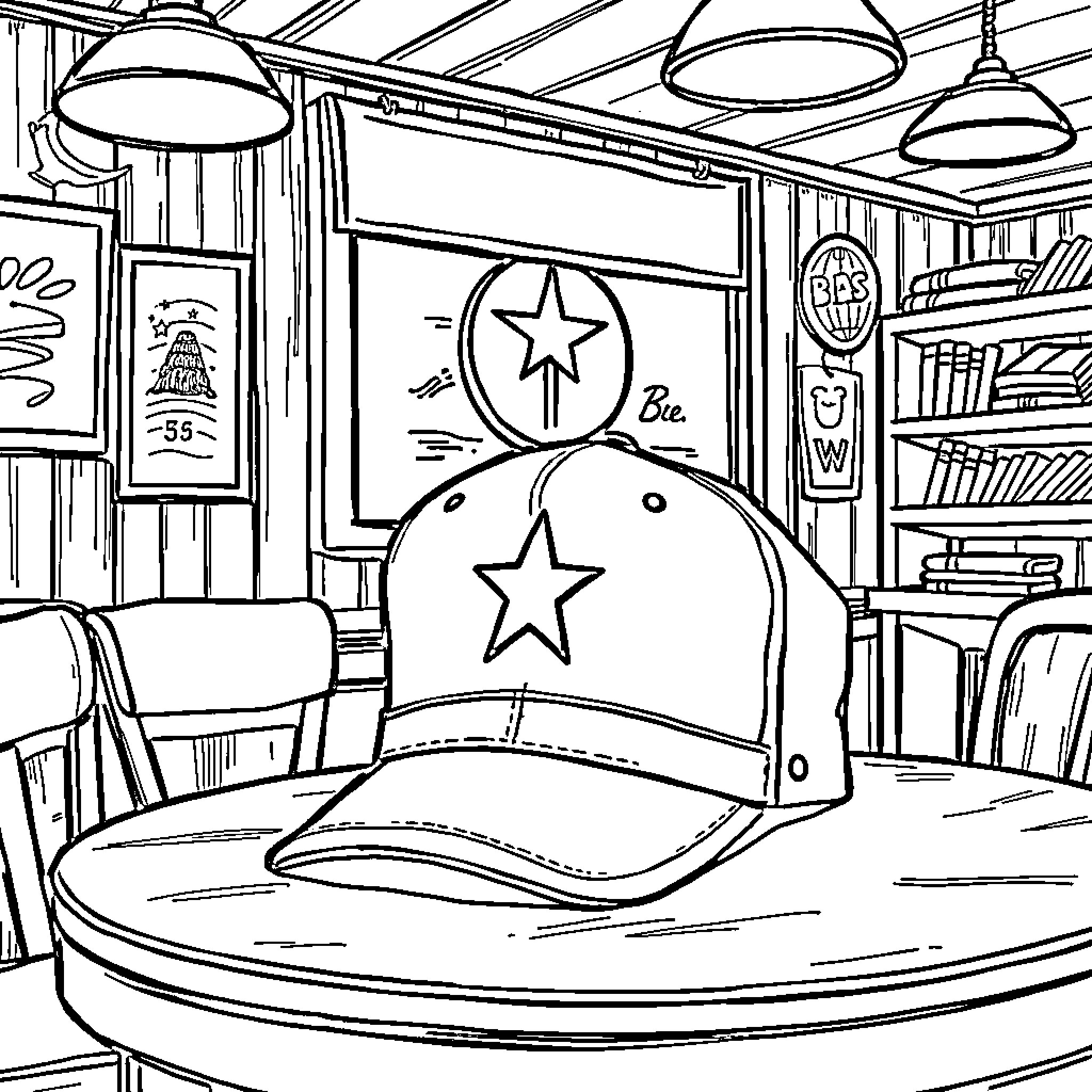 Cap with Star Emblem in Cozy Interior Coloring Page (free black-and-white line drawing printable PDF for all, from beginners to advanced learners, including children, teens, adults, and seniors)