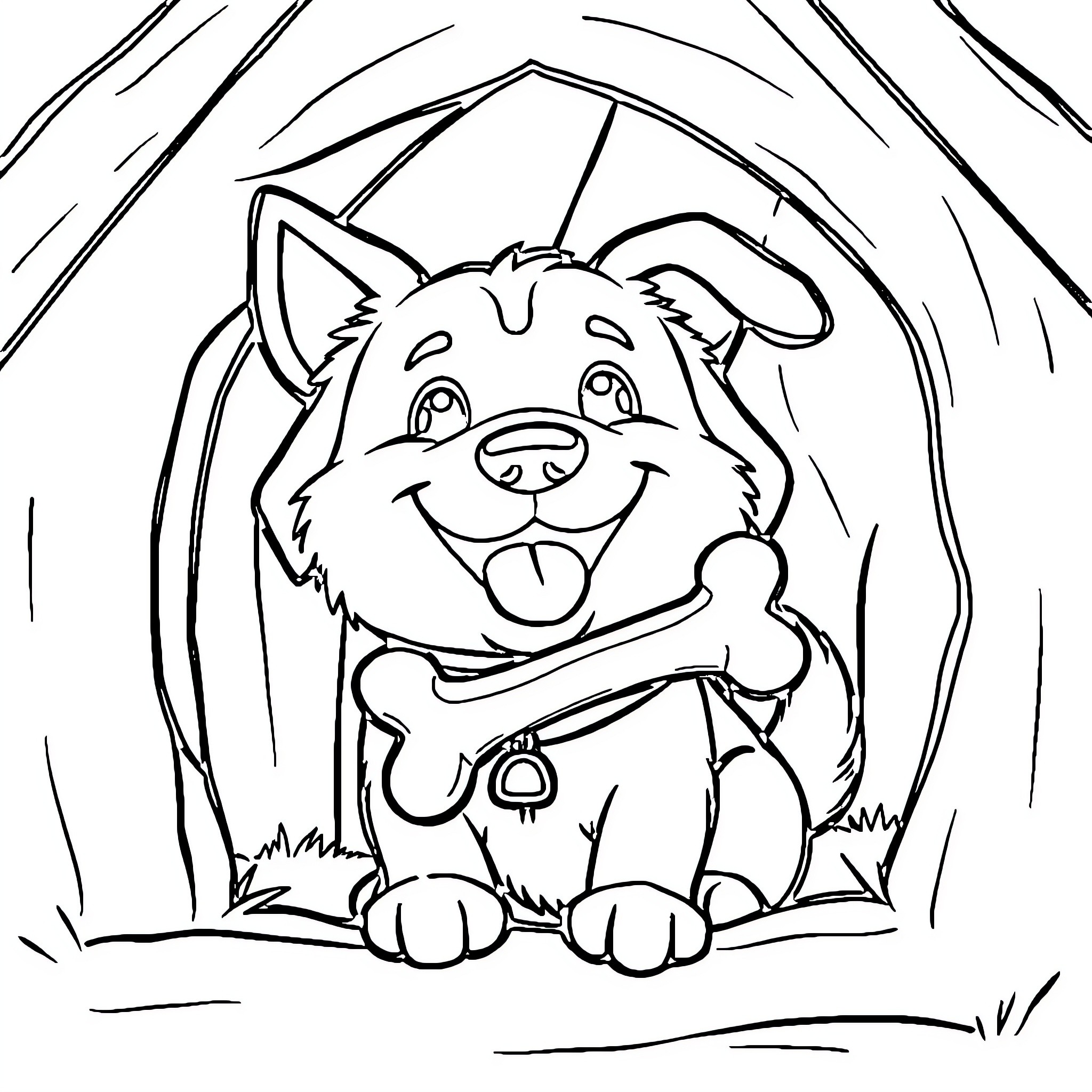 Dog happily holding a bone in the forest Coloring Page (free black-and-white line drawing printable PDF for all, from beginners to advanced learners, including children, teens, adults, and seniors)