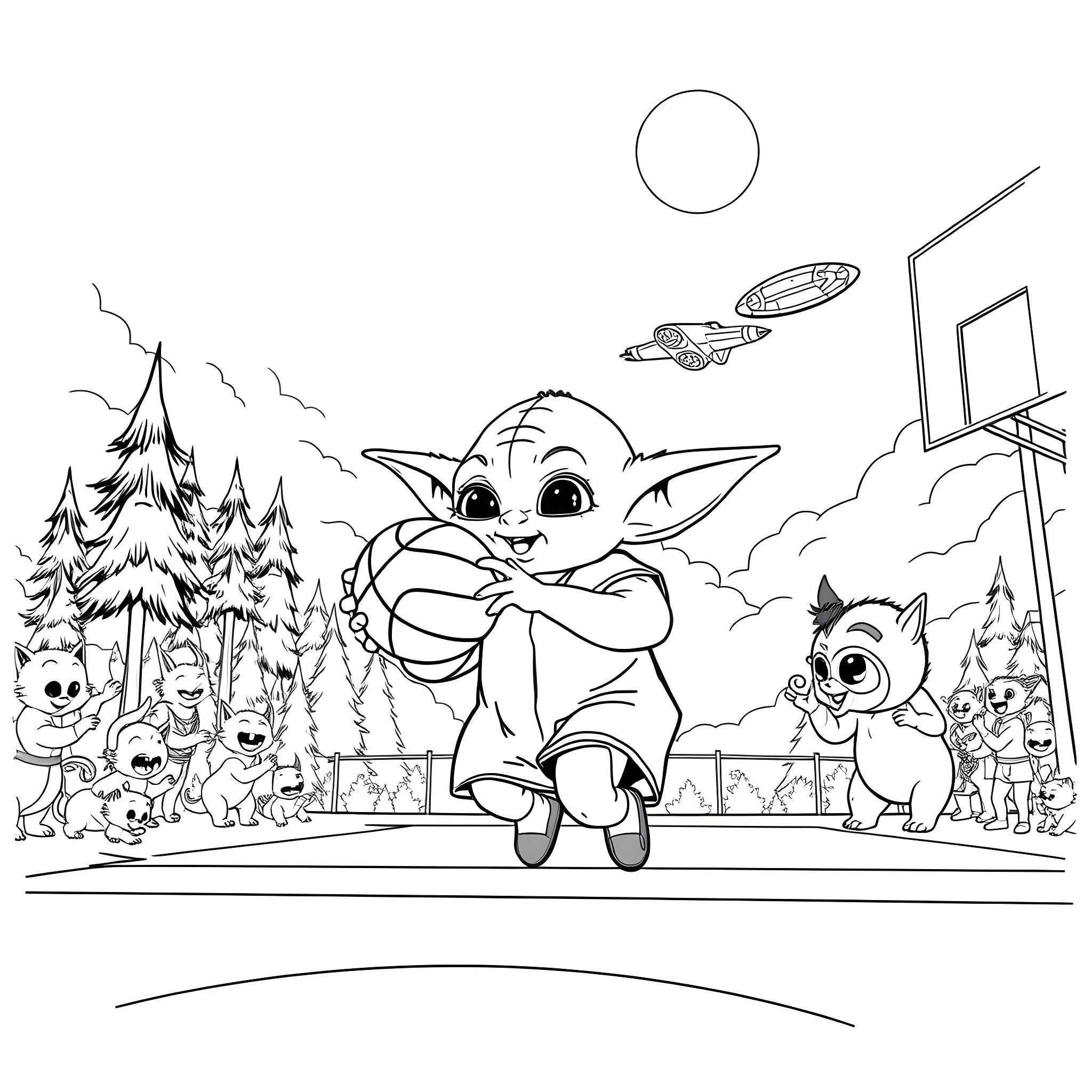 Baby Yoda playing happily with alien creatures in the park Coloring Page (free black-and-white line drawing printable PDF for all, from beginners to advanced learners, including children, teens, adults, and seniors)