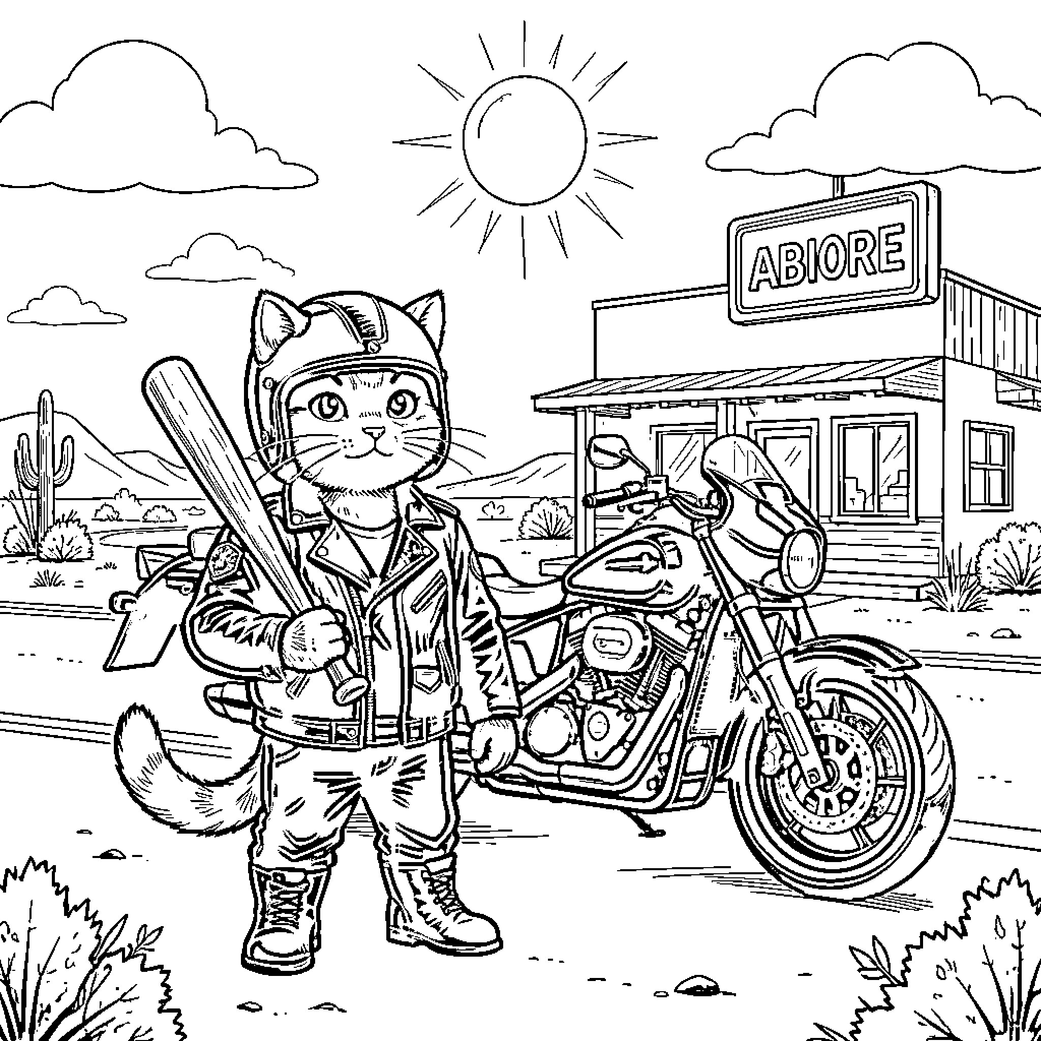 Gato the Motorcycle Adventurer in the Desert Coloring Page (free black-and-white line drawing printable PDF for all, from beginners to advanced learners, including children, teens, adults, and seniors)