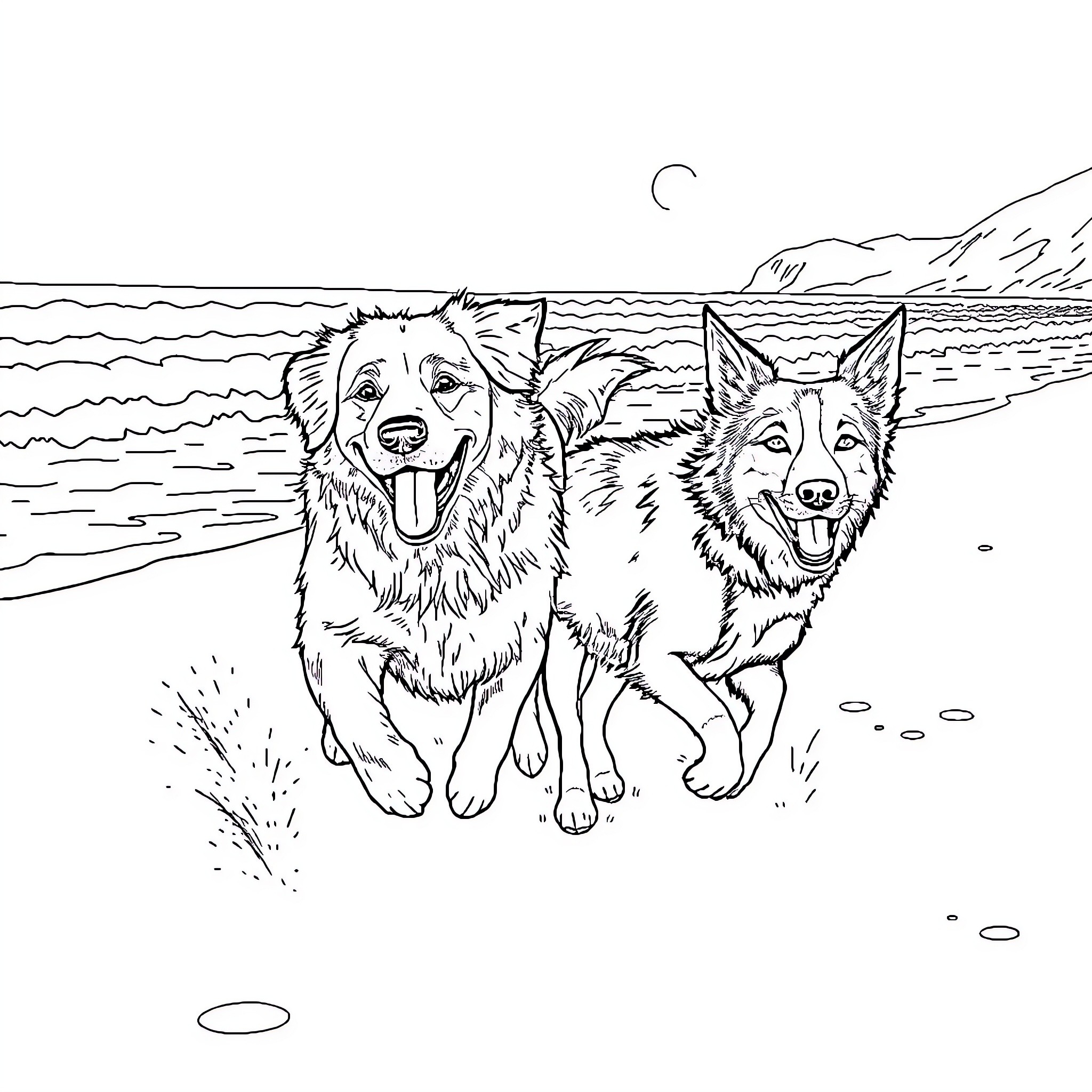 Dogs playing happily on the beach Coloring Page (free black-and-white line drawing printable PDF for all, from beginners to advanced learners, including children, teens, adults, and seniors)