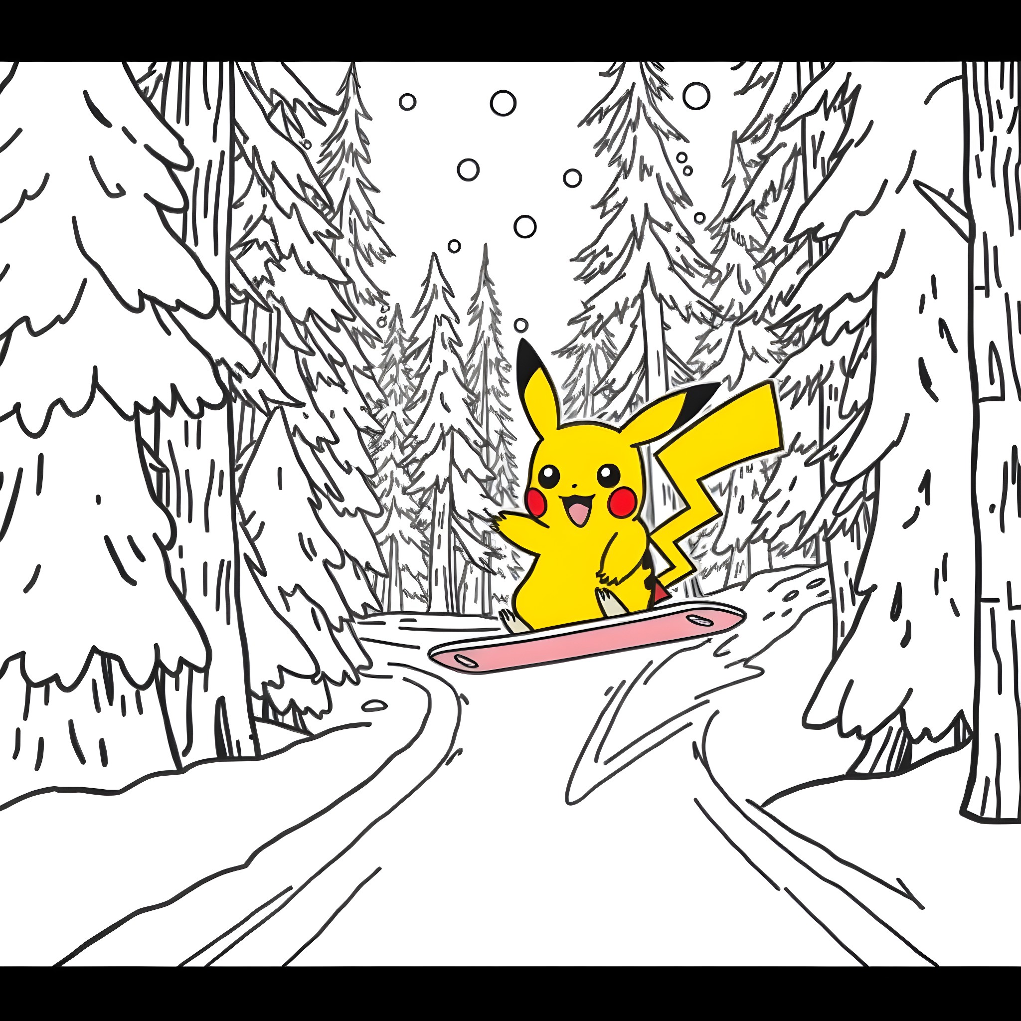 Pikachu sledding through a snowy forest Coloring Page (free black-and-white line drawing printable PDF for all, from beginners to advanced learners, including children, teens, adults, and seniors)