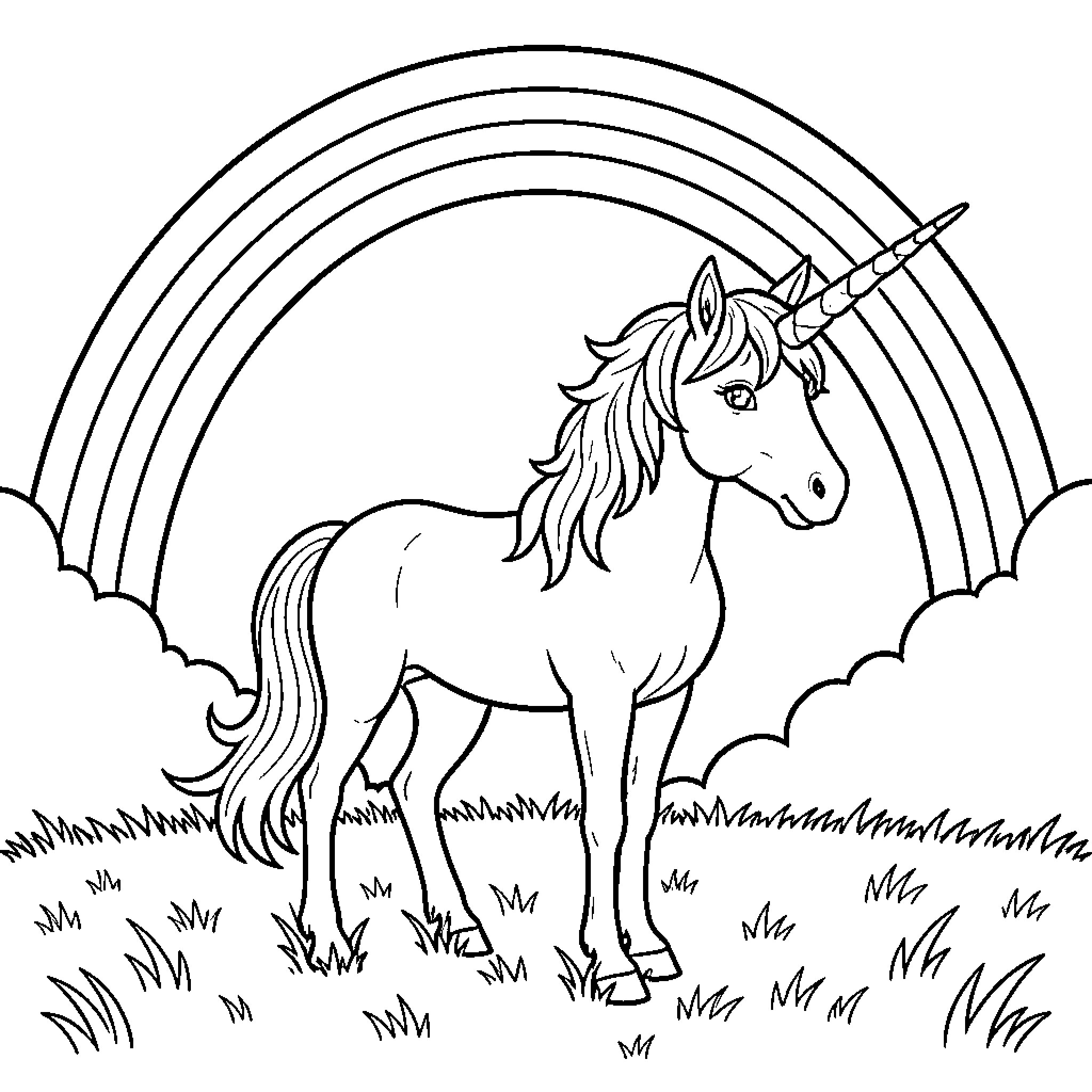 Unicorn standing peacefully under a large rainbow Coloring Page (free black-and-white line drawing printable PDF for all, from beginners to advanced learners, including children, teens, adults, and seniors)