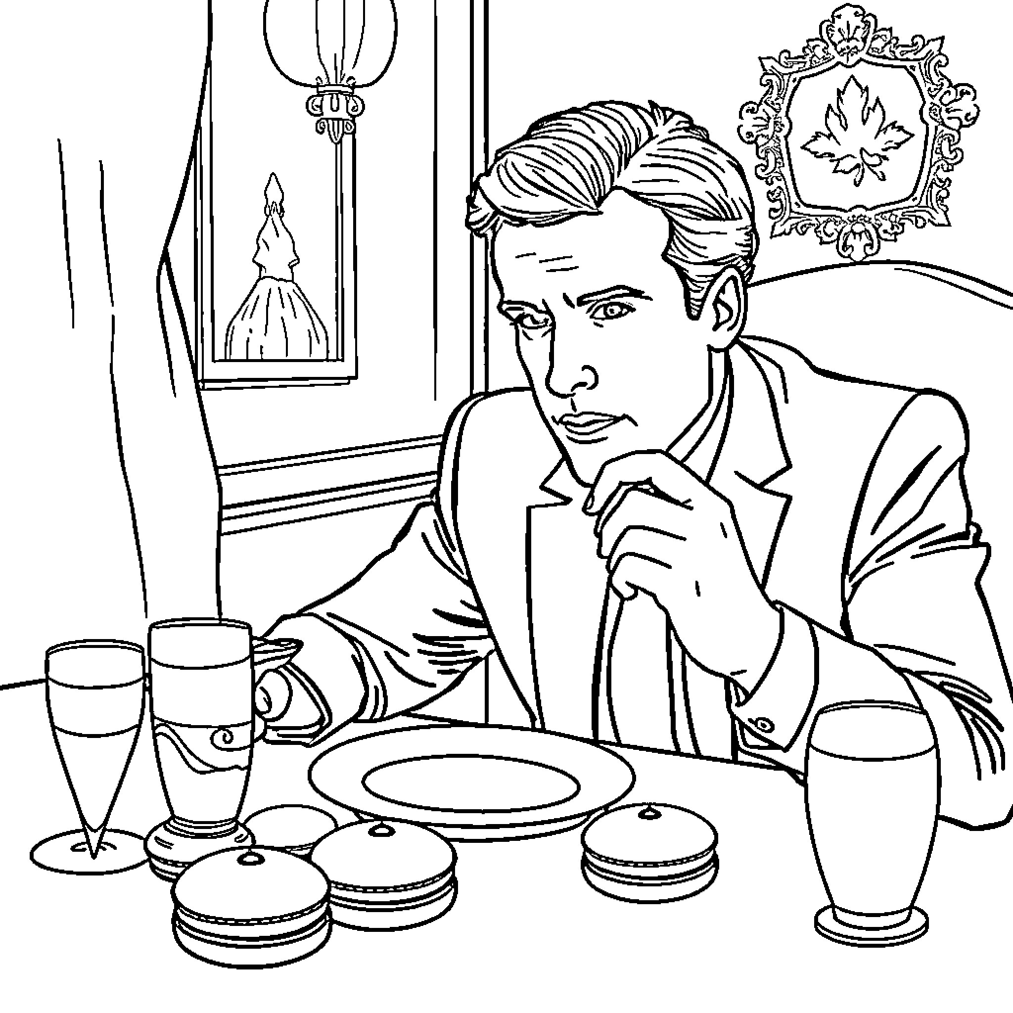 Macron enjoys delectable desserts in elegant setting Coloring Page (free black-and-white line drawing printable PDF for all, from beginners to advanced learners, including children, teens, adults, and seniors)