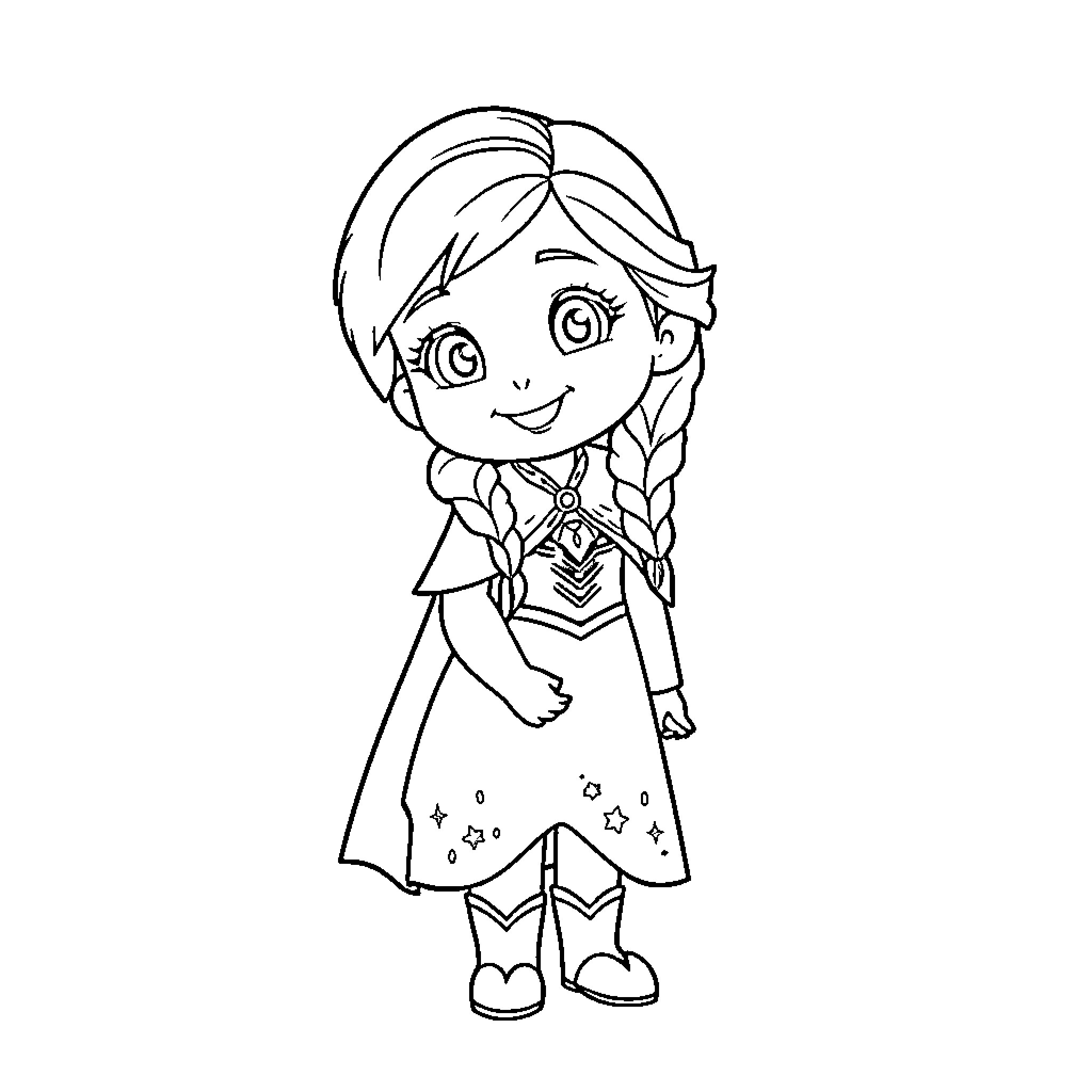 Anna's Cheerful Adventures in the Enchanting World Coloring Page (free black-and-white line drawing printable PDF for all, from beginners to advanced learners, including children, teens, adults, and seniors)