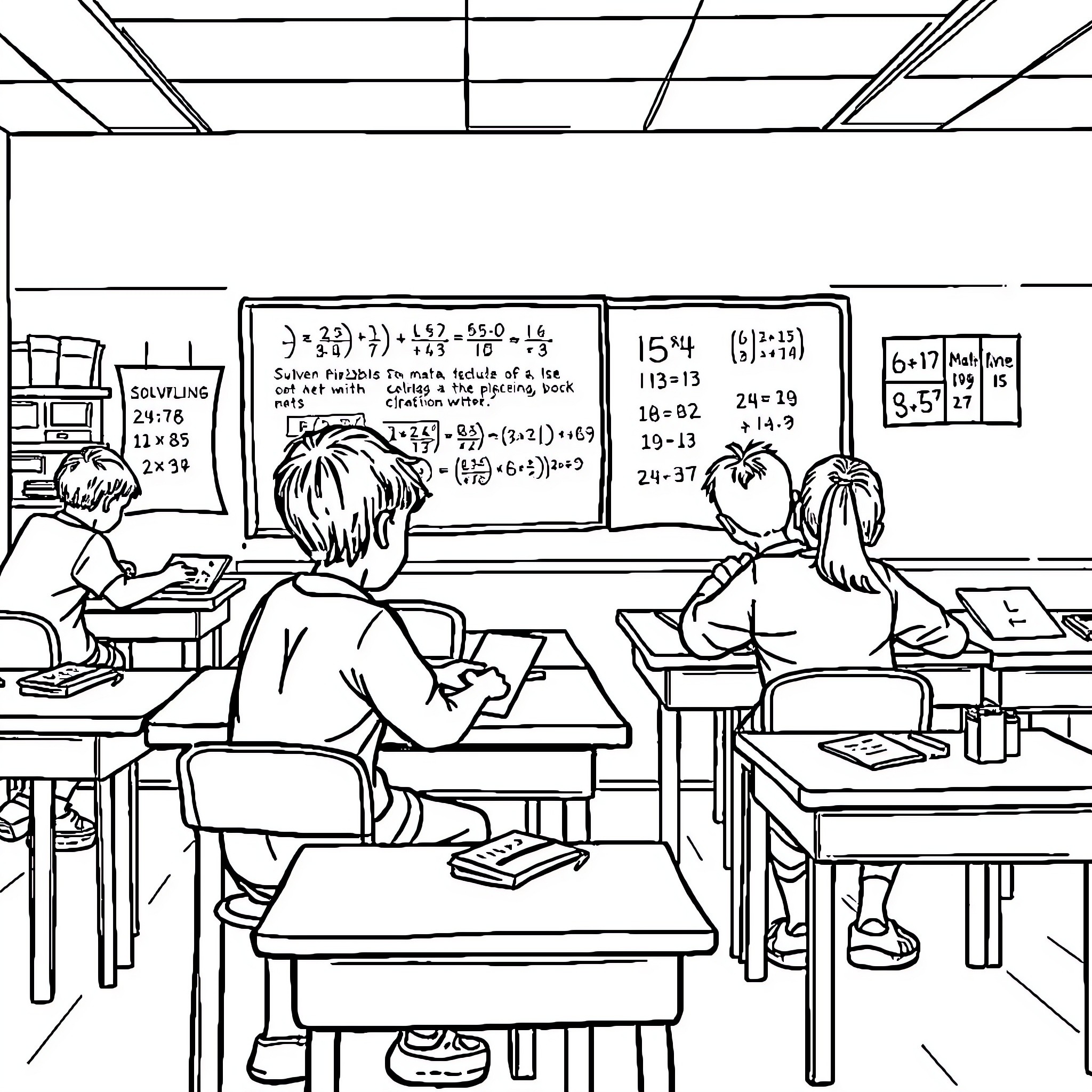 Math Classroom Scene with Students Working Coloring Page (free black-and-white line drawing printable PDF for all, from beginners to advanced learners, including children, teens, adults, and seniors)