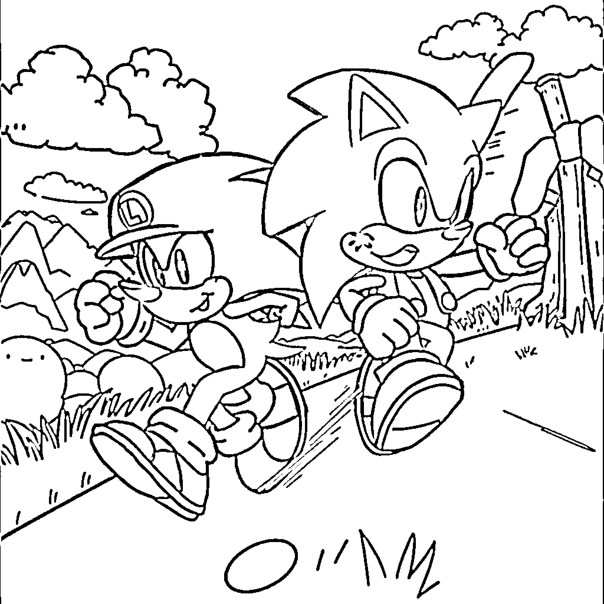 Sonic and Tails Running Through a Countryside Coloring Page (free black-and-white line drawing printable PDF for all, from beginners to advanced learners, including children, teens, adults, and seniors)