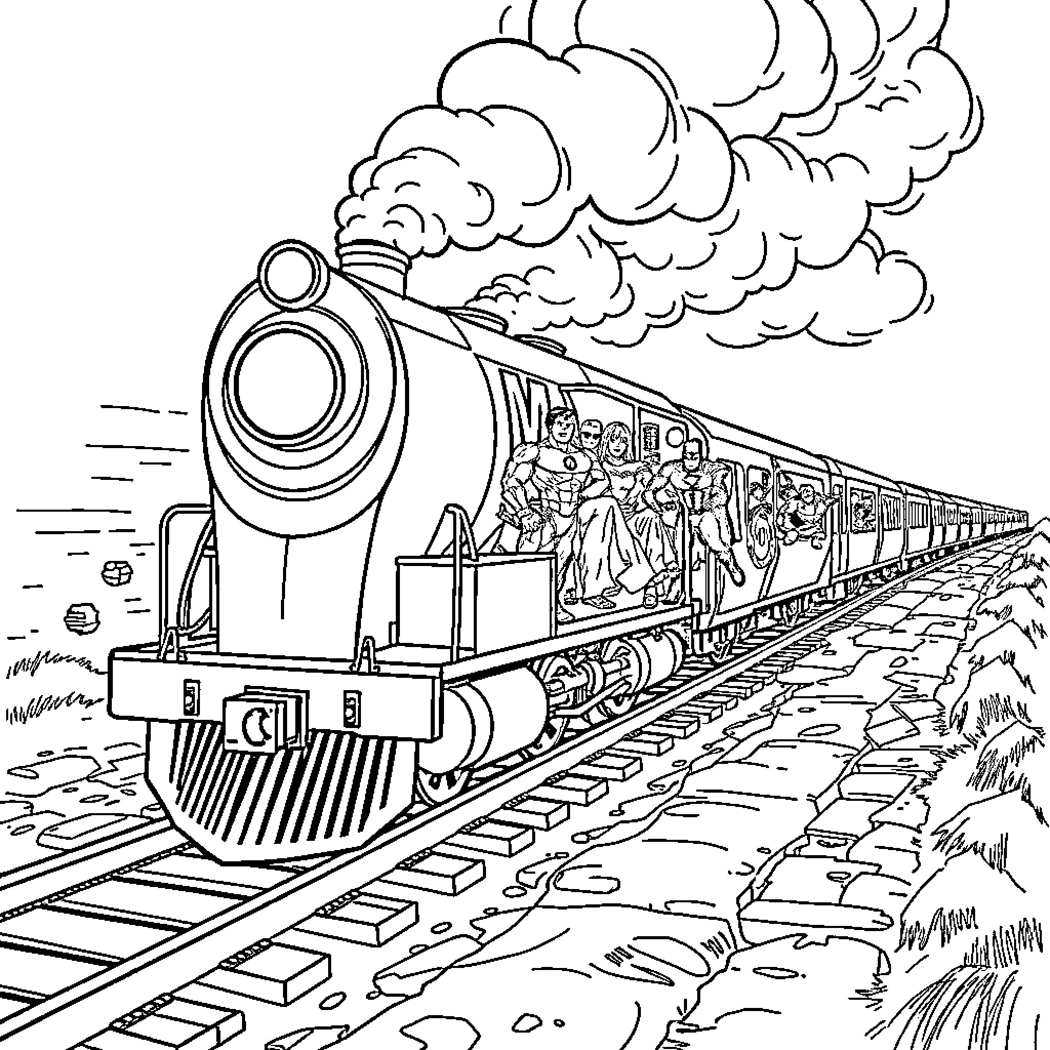 Train carrying passengers through scenic landscape Coloring Page (free black-and-white line drawing printable PDF for all, from beginners to advanced learners, including children, teens, adults, and seniors)