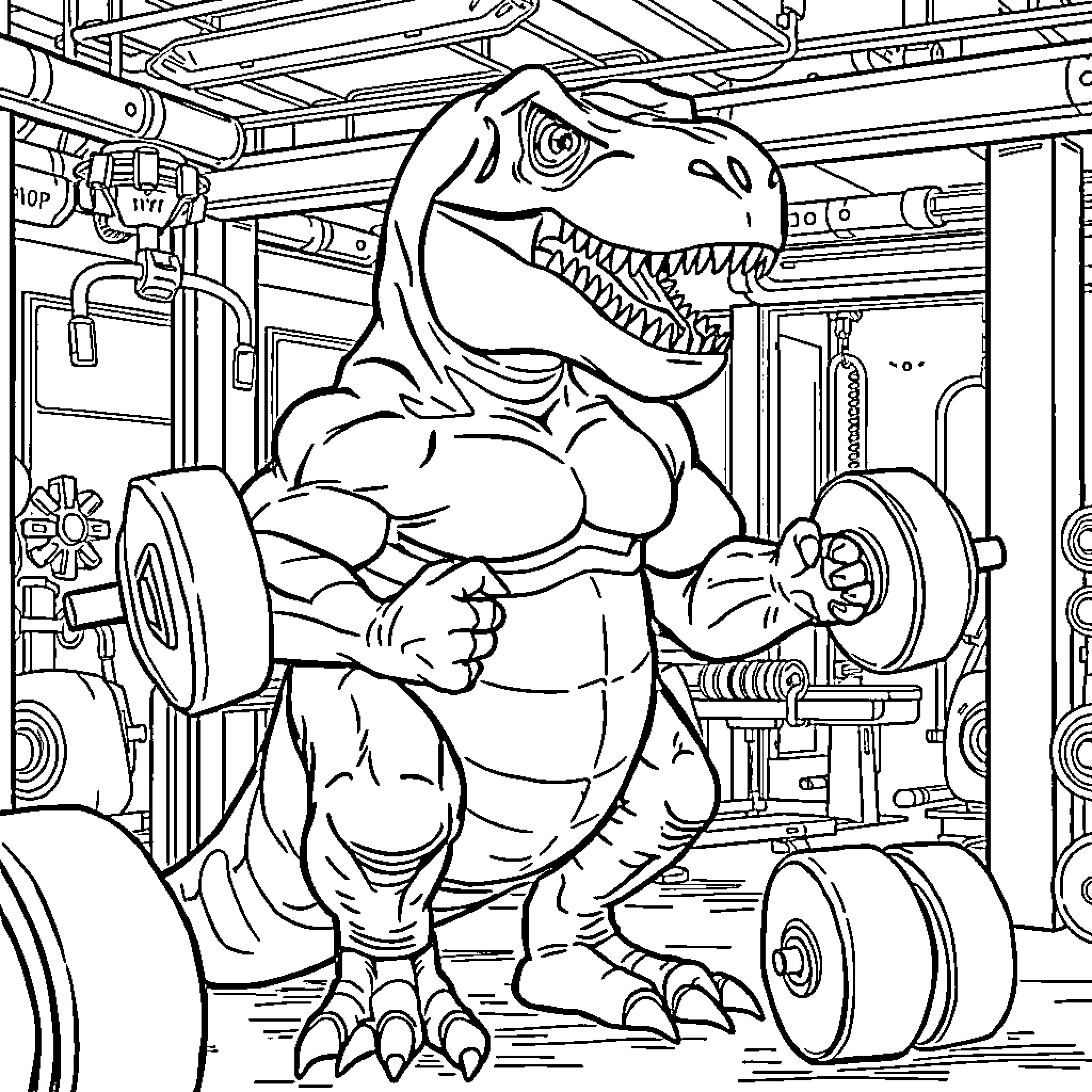 Tyrannosaurus Rex Lifting Weights in a Gym Coloring Page (free black-and-white line drawing printable PDF for all, from beginners to advanced learners, including children, teens, adults, and seniors)