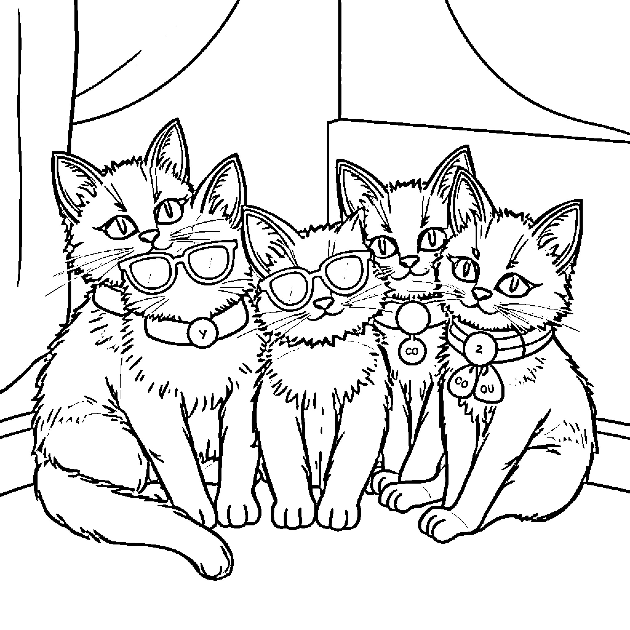 Cats wearing amusing accessories in a scene Coloring Page (free black-and-white line drawing printable PDF for all, from beginners to advanced learners, including children, teens, adults, and seniors)