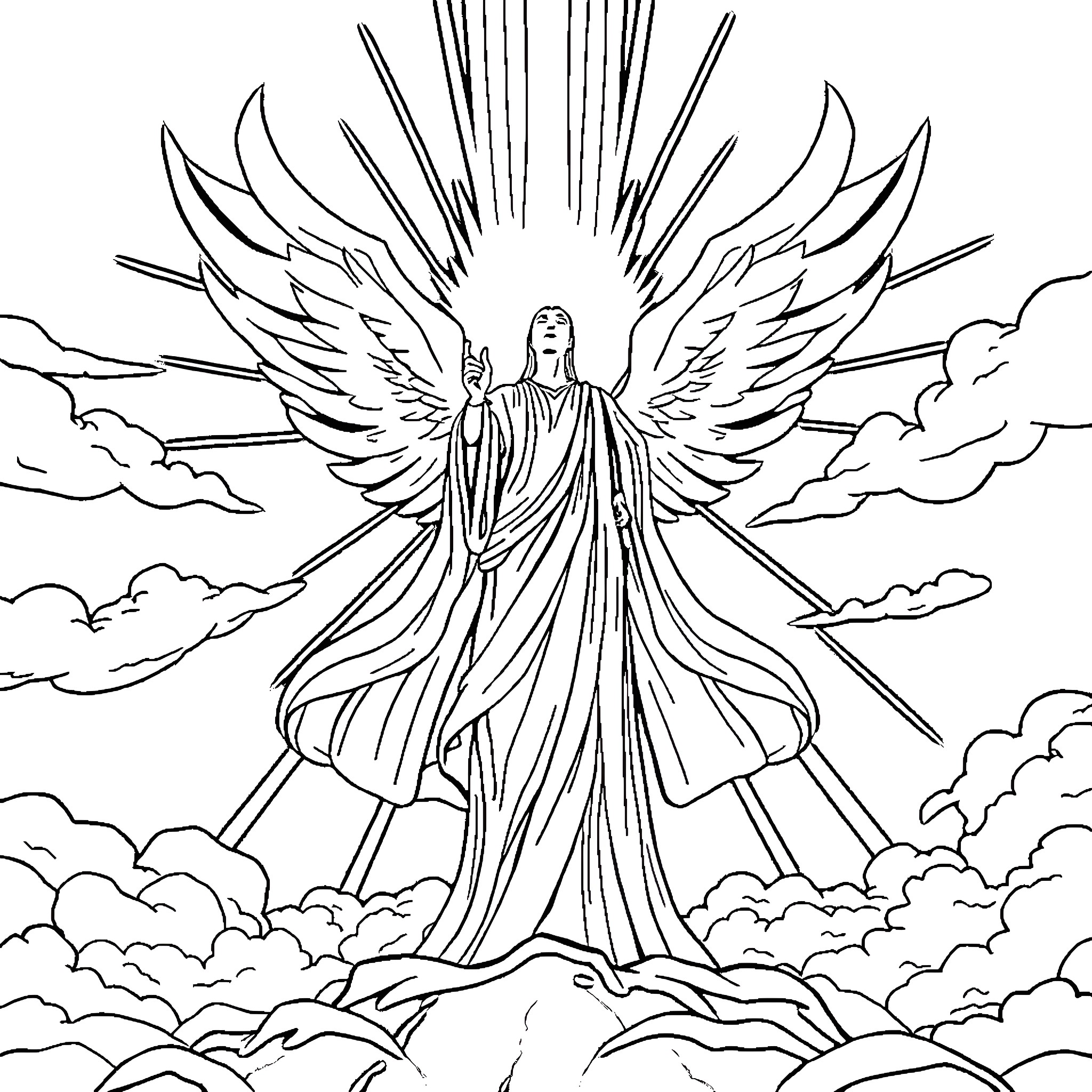 Spirit of Divine Radiance in Heavenly Clouds Coloring Page (free black-and-white line drawing printable PDF for all, from beginners to advanced learners, including children, teens, adults, and seniors)