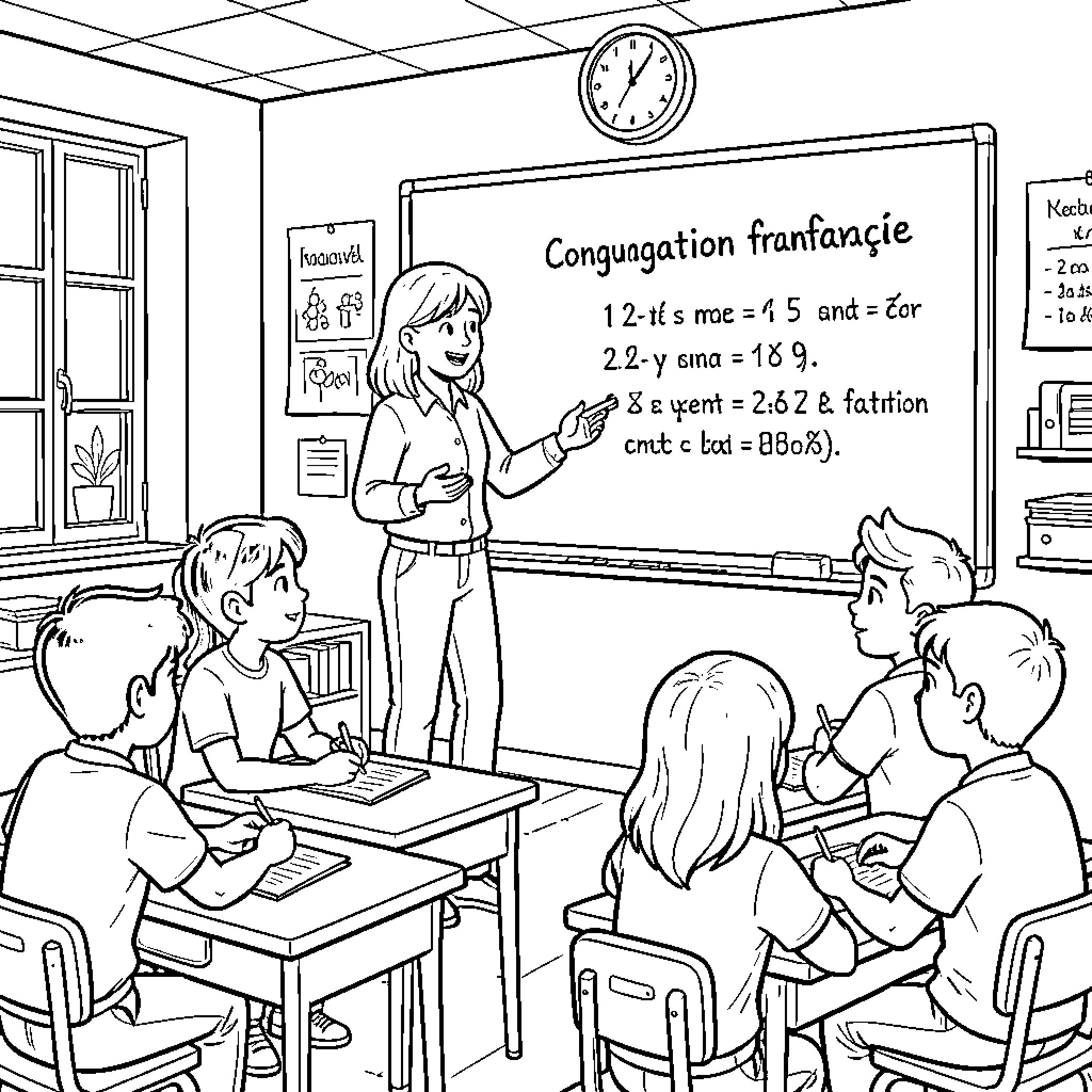 Professeur explaining conjugation lessons to attentive students Coloring Page (free black-and-white line drawing printable PDF for all, from beginners to advanced learners, including children, teens, adults, and seniors)