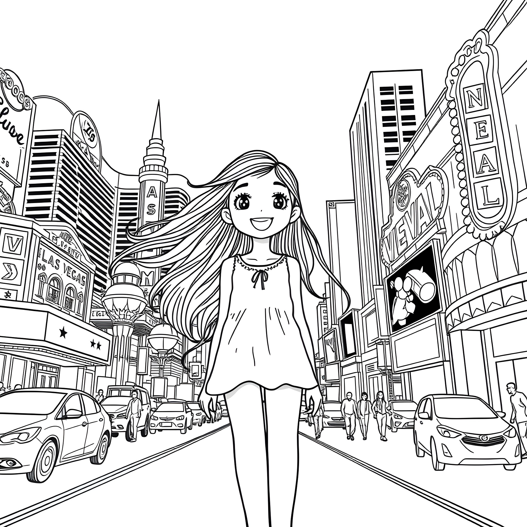 Girl exploring the bustling city streets Coloring Page (free black-and-white line drawing printable PDF for all, from beginners to advanced learners, including children, teens, adults, and seniors)
