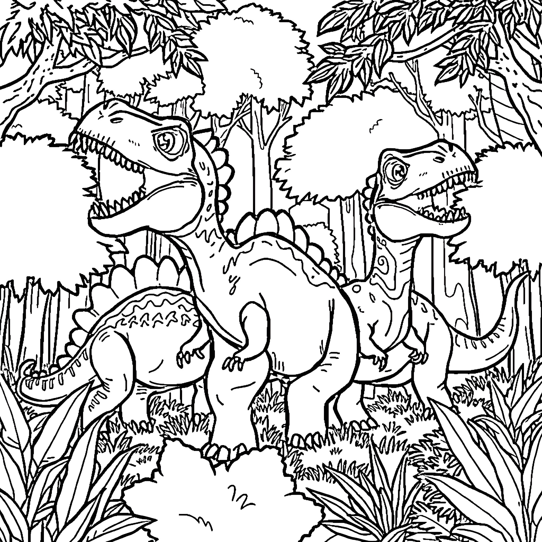 Dinosaurs exploring lush prehistoric landscape Coloring Page (free black-and-white line drawing printable PDF for all, from beginners to advanced learners, including children, teens, adults, and seniors)