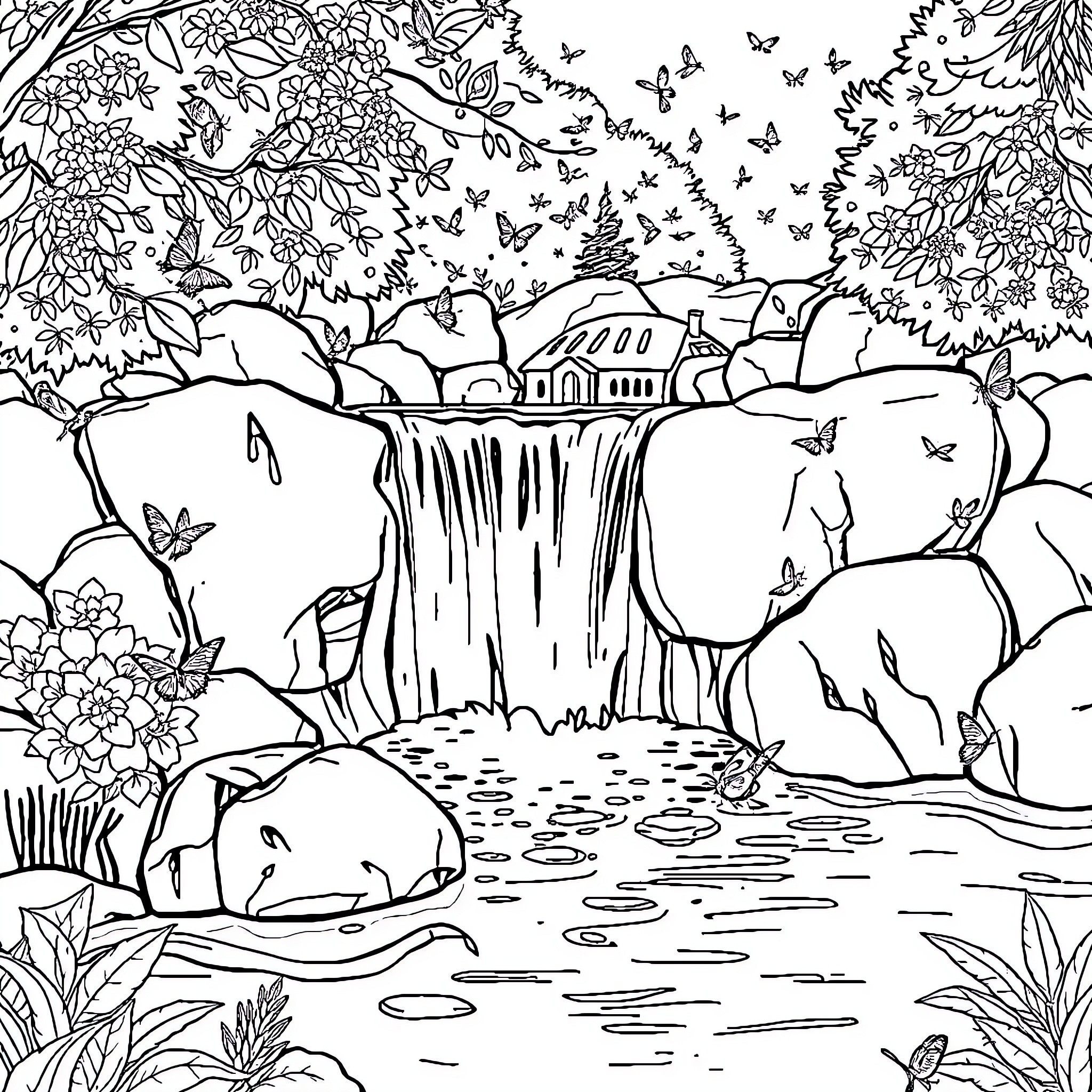 Waterfall surrounded by lush flora and wildlife Coloring Page (free black-and-white line drawing printable PDF for all, from beginners to advanced learners, including children, teens, adults, and seniors)