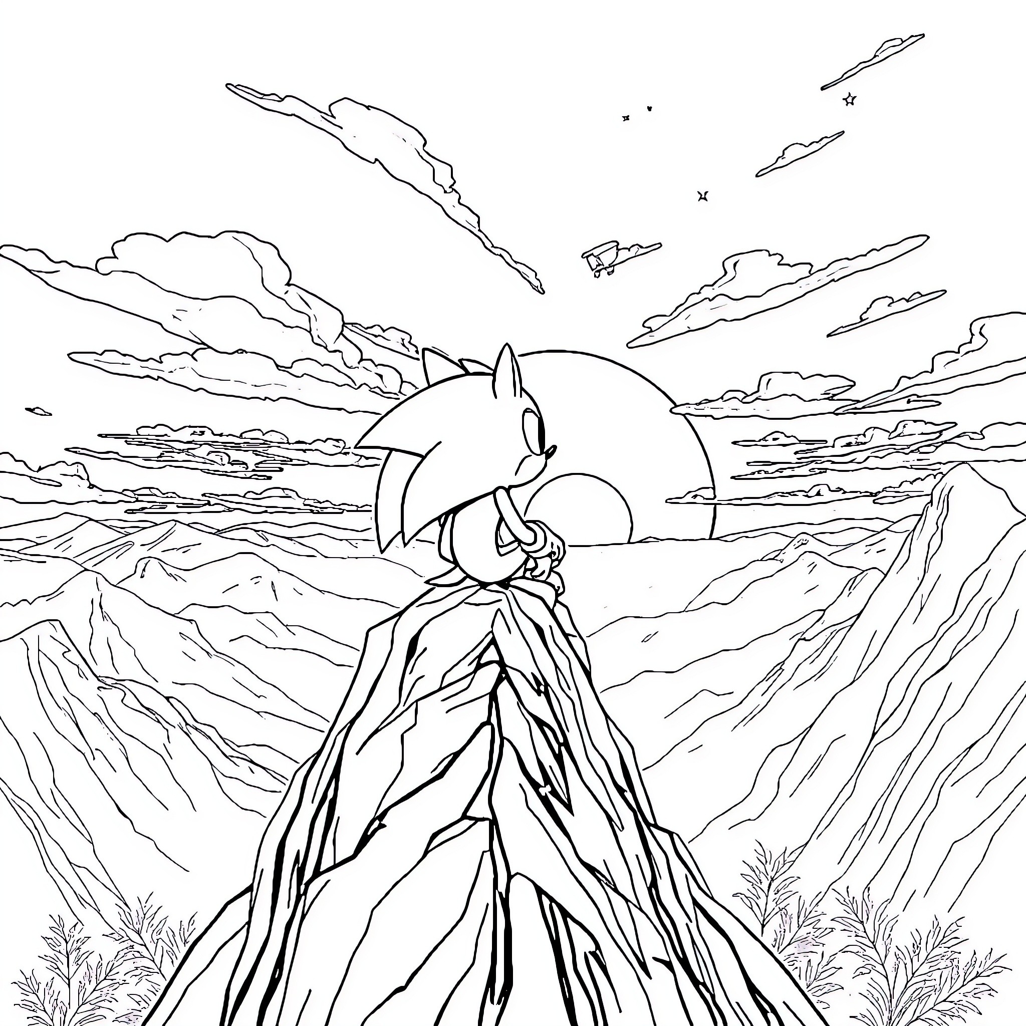 Sonic's Heroic Climb in the Majestic Landscape Coloring Page (free black-and-white line drawing printable PDF for all, from beginners to advanced learners, including children, teens, adults, and seniors)