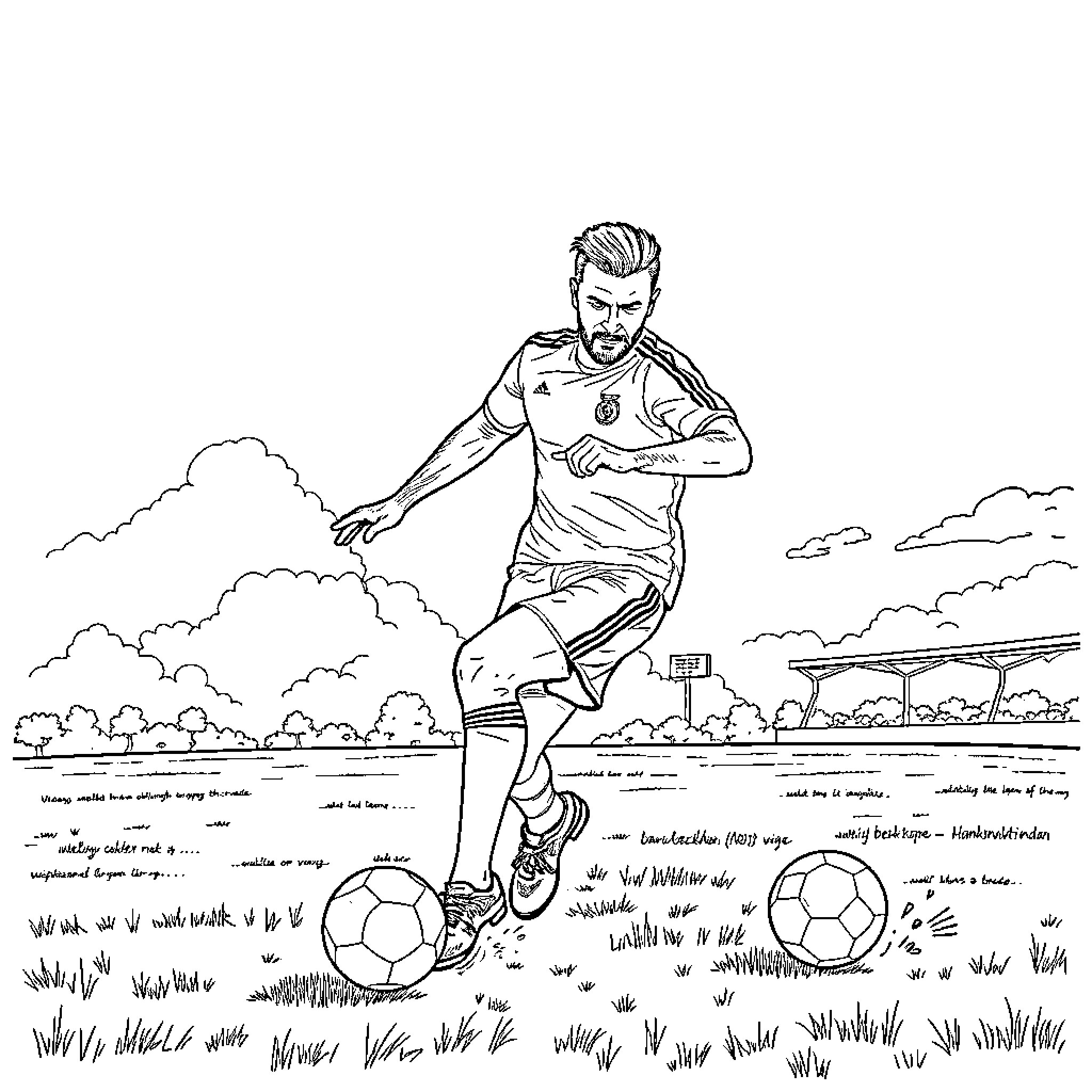 David Beckham playing soccer on the field Coloring Page (free black-and-white line drawing printable PDF for all, from beginners to advanced learners, including children, teens, adults, and seniors)