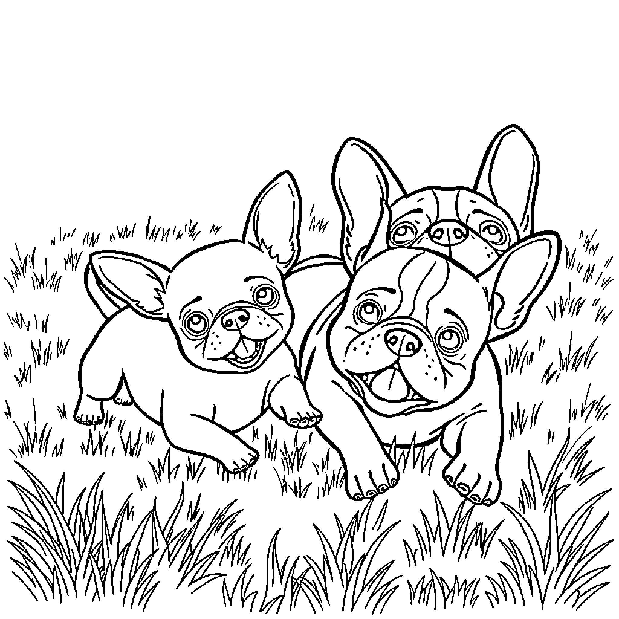 Chihuahuas playing joyfully in the grass Coloring Page (free black-and-white line drawing printable PDF for all, from beginners to advanced learners, including children, teens, adults, and seniors)