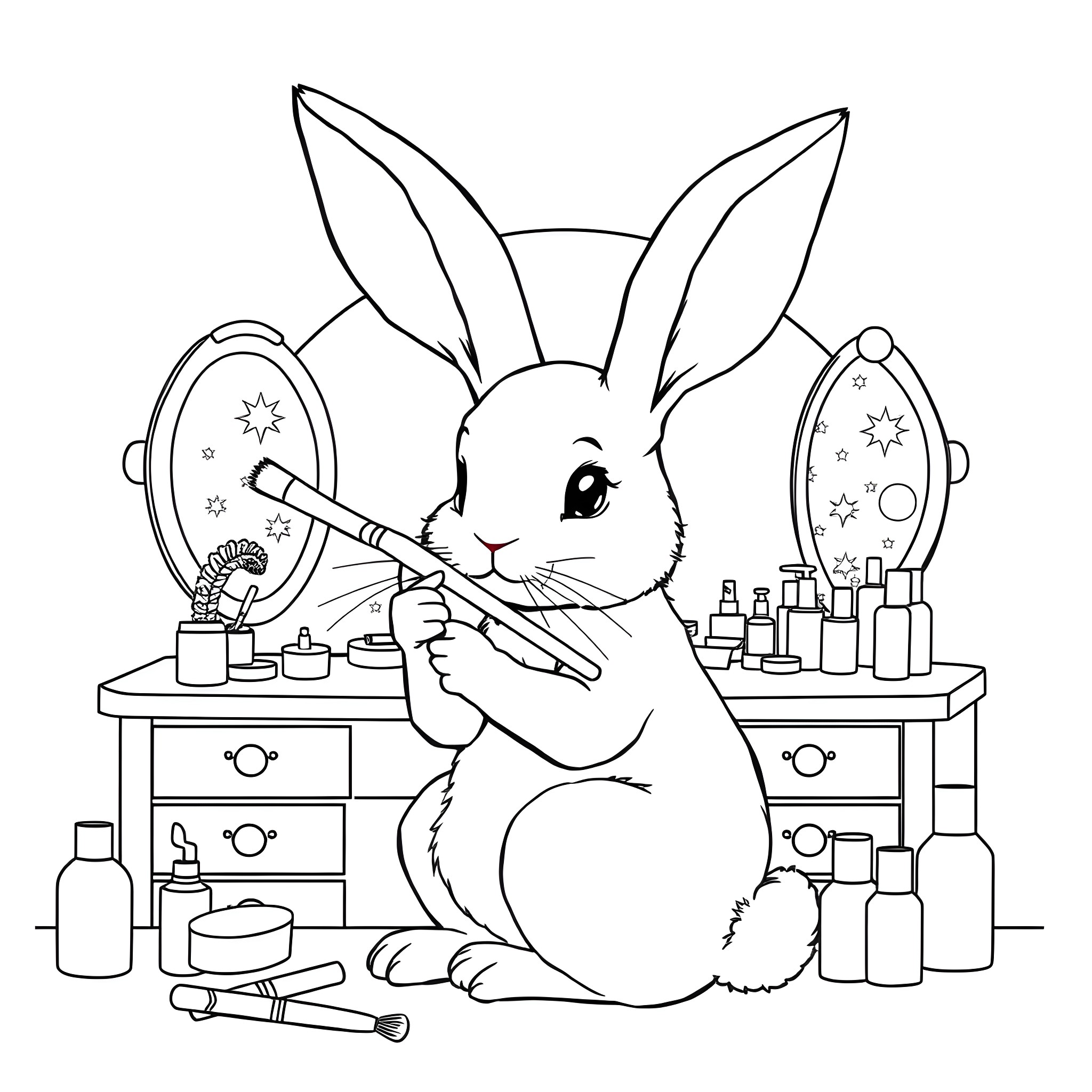 Rabbit applying makeup in front of mirrors Coloring Page (free black-and-white line drawing printable PDF for all, from beginners to advanced learners, including children, teens, adults, and seniors)