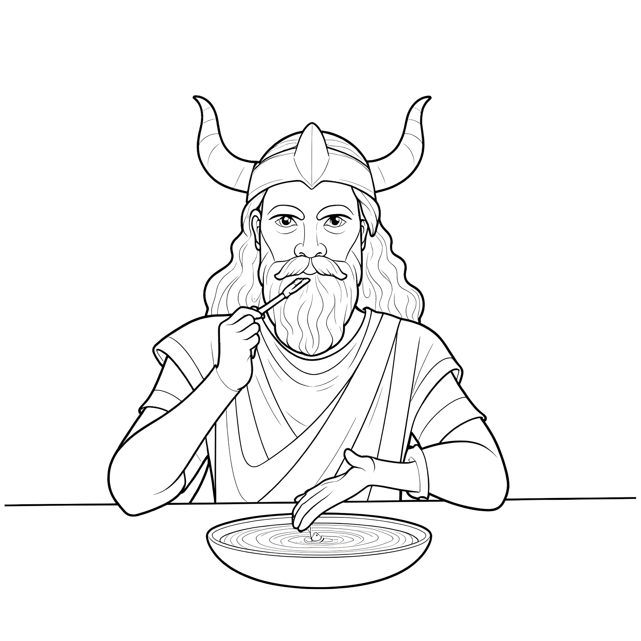 Viking Moses contemplating his soup Coloring Page (free black-and-white line drawing printable PDF for all, from beginners to advanced learners, including children, teens, adults, and seniors)