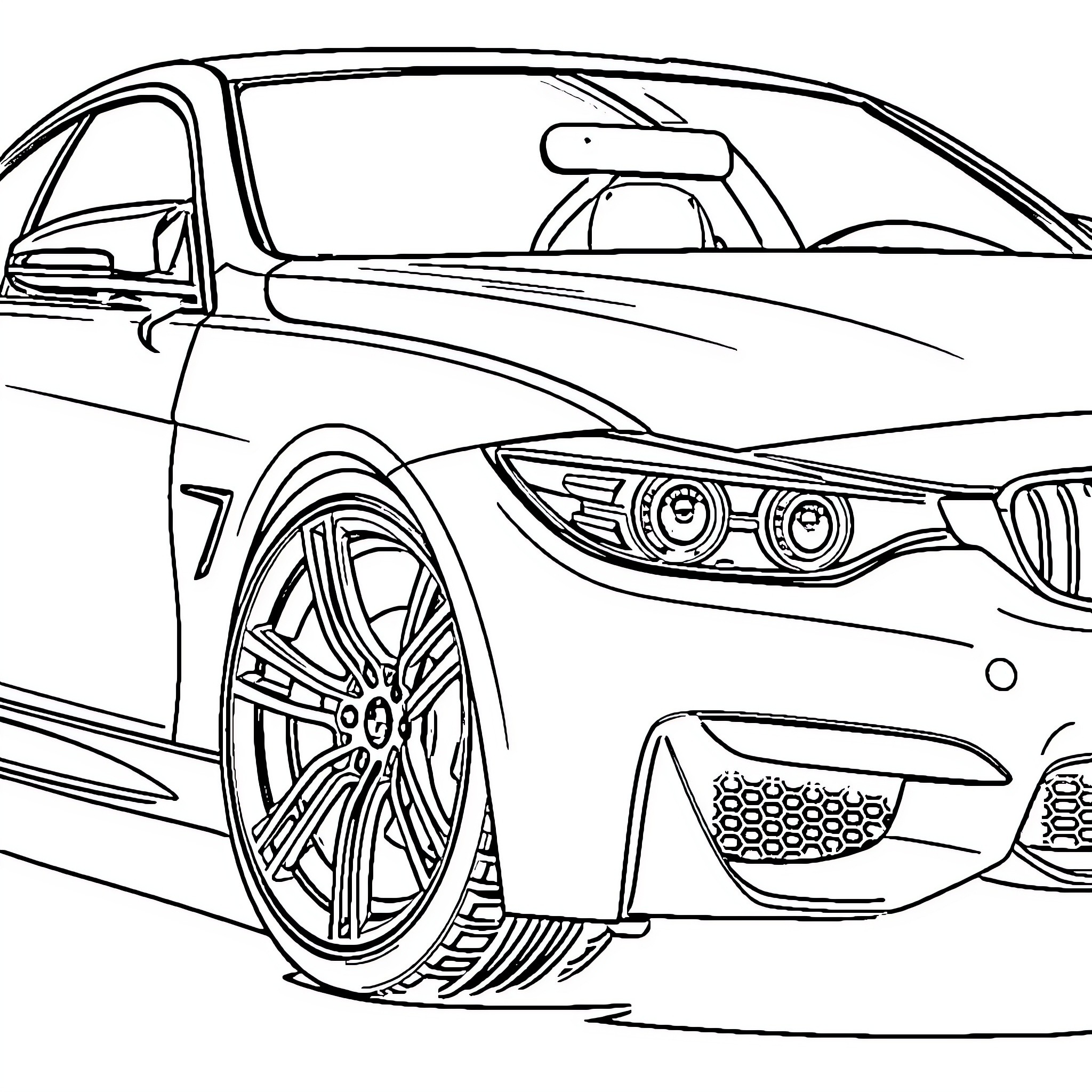 BMW luxury sports car on the road Coloring Page (free black-and-white line drawing printable PDF for all, from beginners to advanced learners, including children, teens, adults, and seniors)