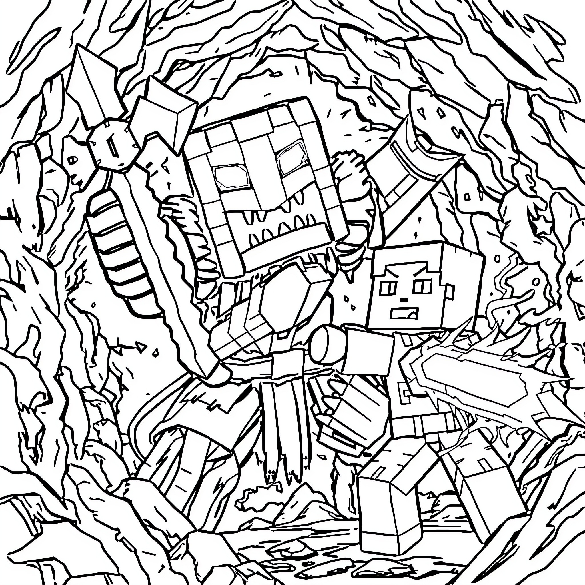 Warden Battling Menacing Creatures in Treacherous Terrain Coloring Page (free black-and-white line drawing printable PDF for all, from beginners to advanced learners, including children, teens, adults, and seniors)