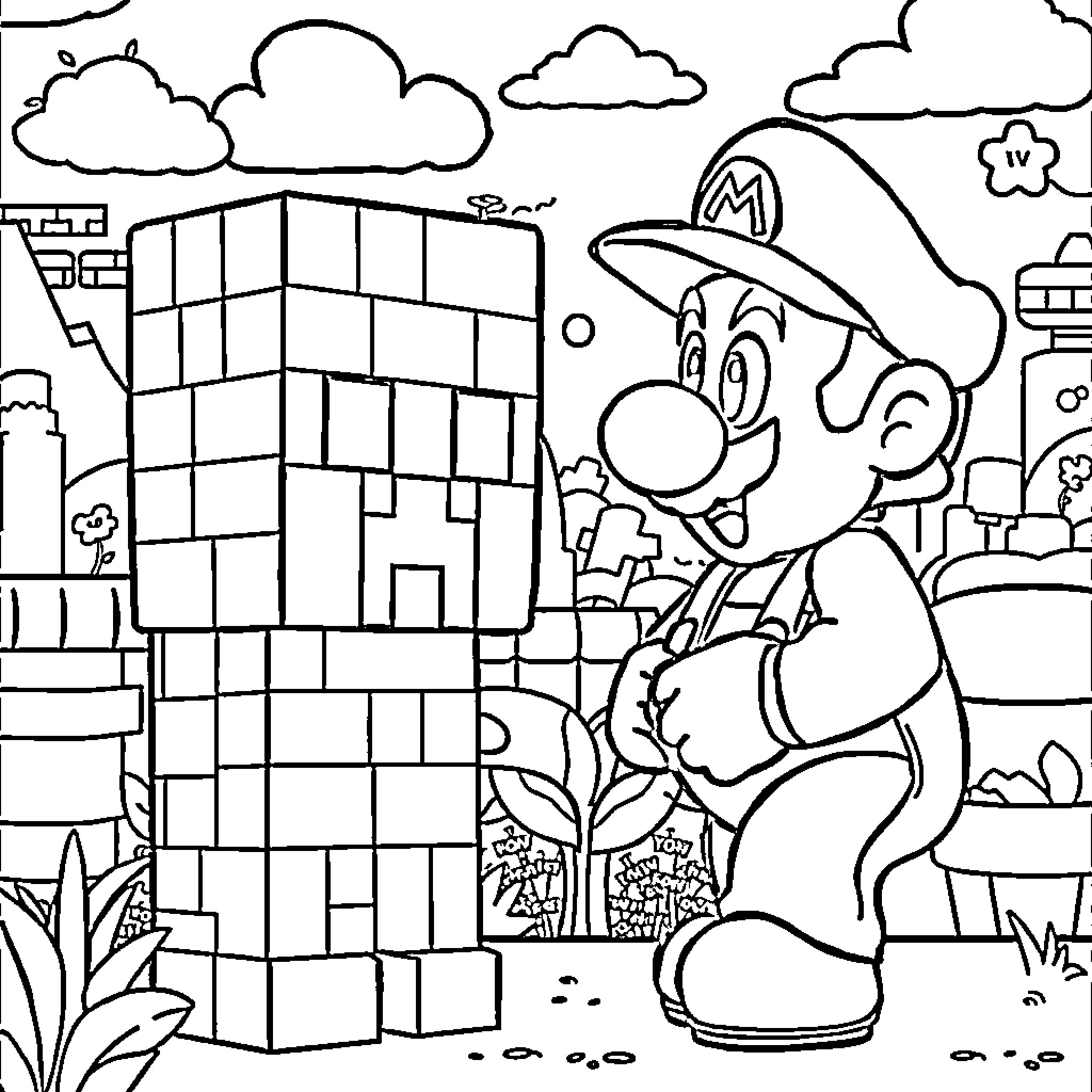 Creeper Mario exploring the colorful cityscape Coloring Page (free black-and-white line drawing printable PDF for all, from beginners to advanced learners, including children, teens, adults, and seniors)