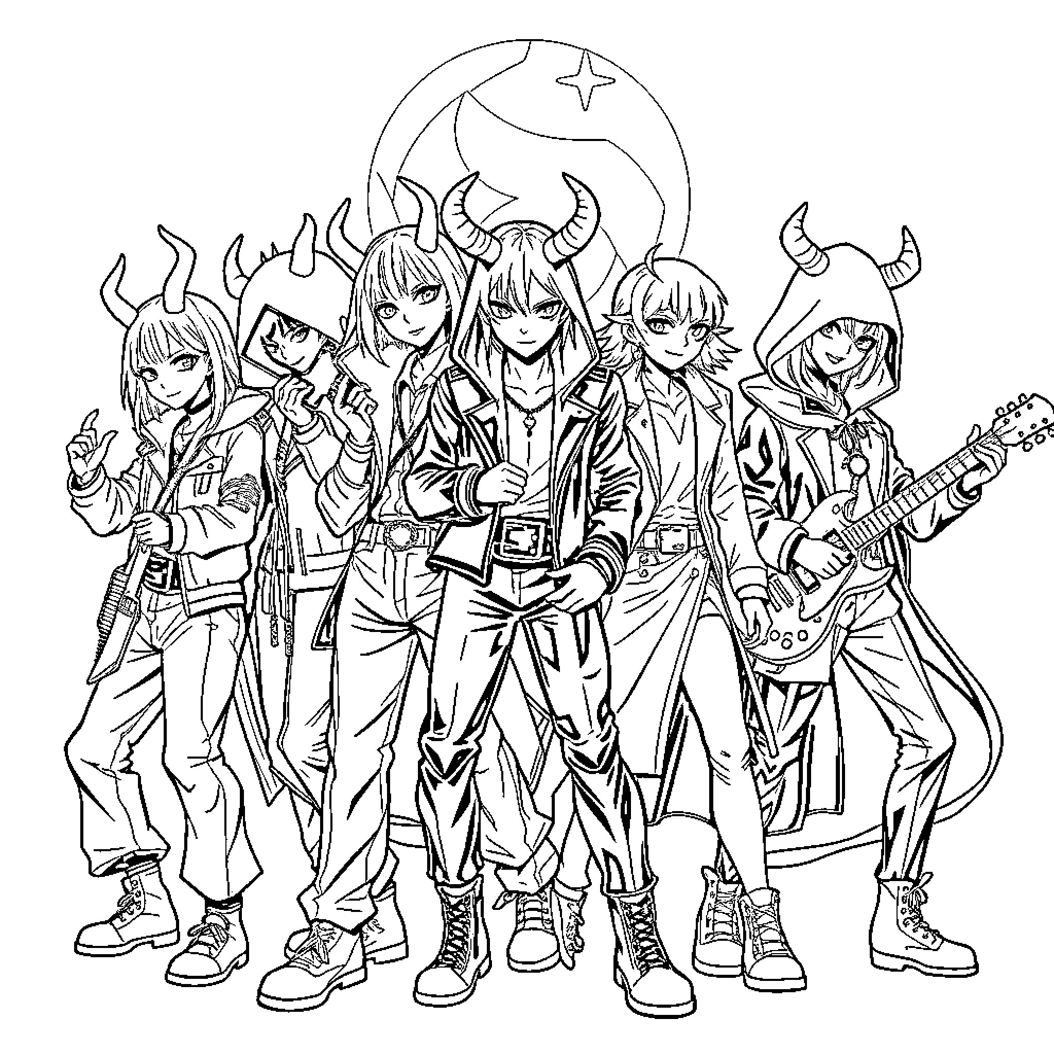 Demon Hunter Squad in Action Coloring Page (free black-and-white line drawing printable PDF for all, from beginners to advanced learners, including children, teens, adults, and seniors)