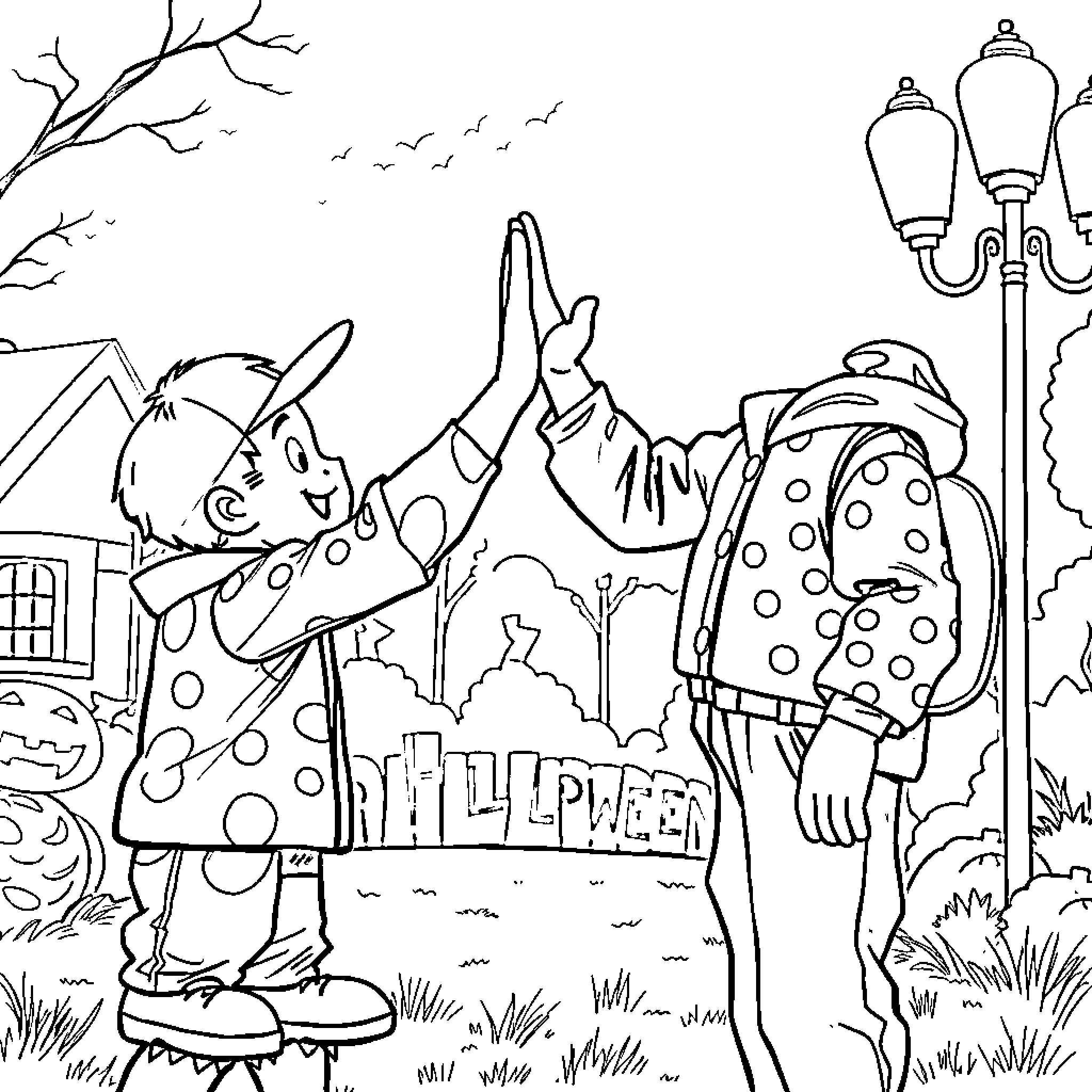 Happy Gilmore's Spooky Halloween Celebration Coloring Page (free black-and-white line drawing printable PDF for all, from beginners to advanced learners, including children, teens, adults, and seniors)
