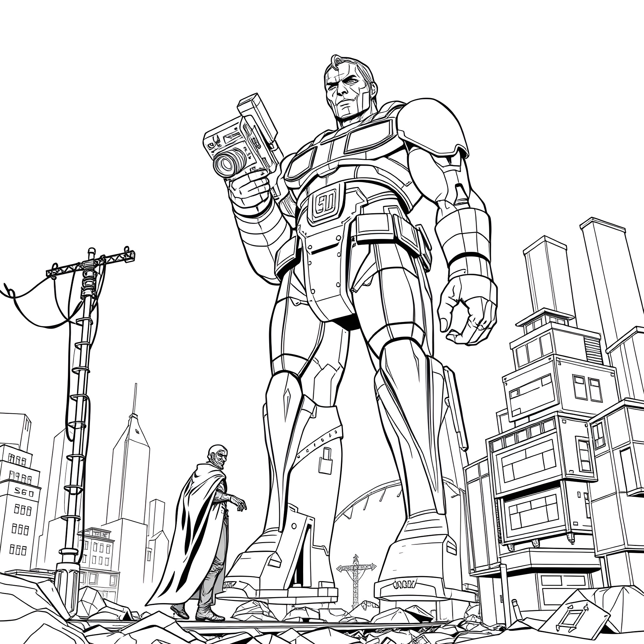 Titan Warrior Confronts City Dweller in Futuristic Metropolis Coloring Page (free black-and-white line drawing printable PDF for all, from beginners to advanced learners, including children, teens, adults, and seniors)