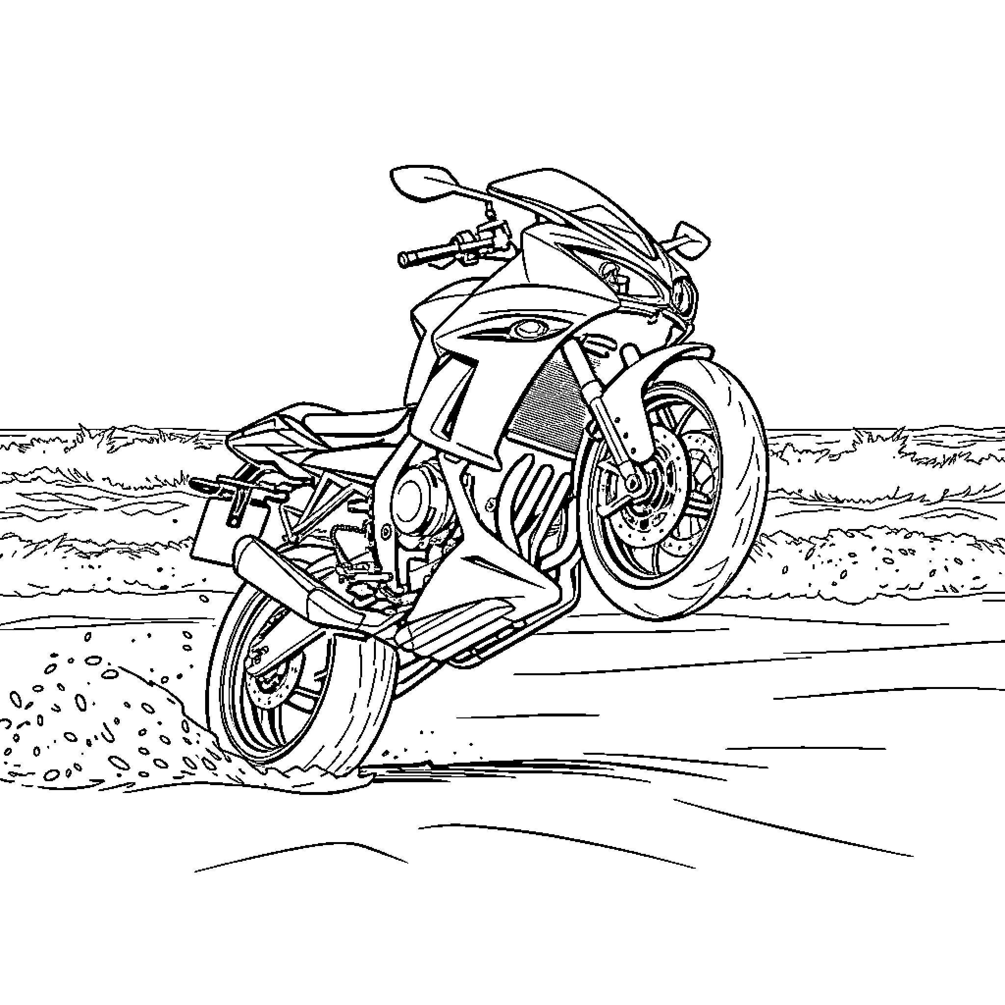 GSX-S750 motorcycle speeding through the desert Coloring Page (free black-and-white line drawing printable PDF for all, from beginners to advanced learners, including children, teens, adults, and seniors)