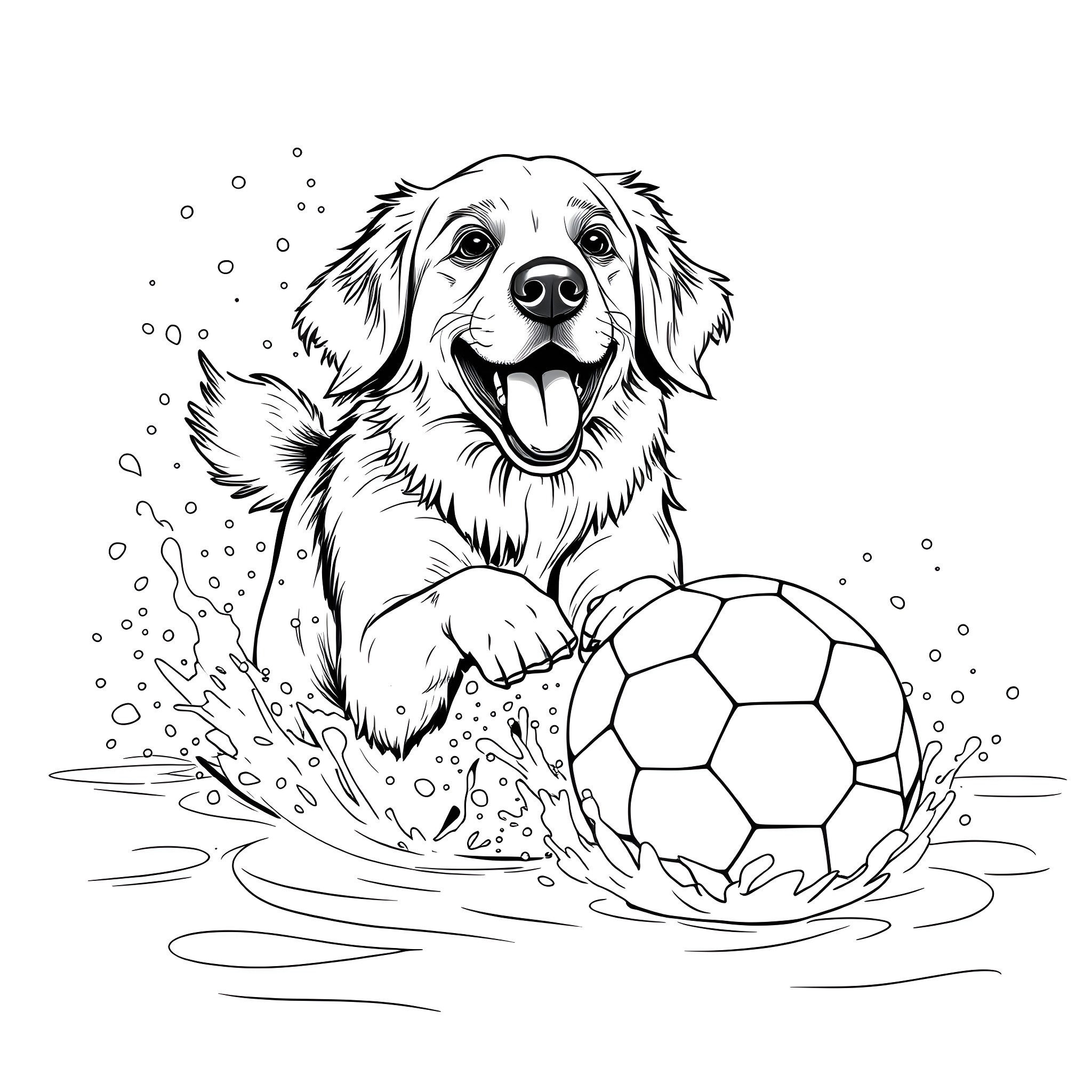Golden Retriever playing with soccer ball in water Coloring Page (free black-and-white line drawing printable PDF for all, from beginners to advanced learners, including children, teens, adults, and seniors)