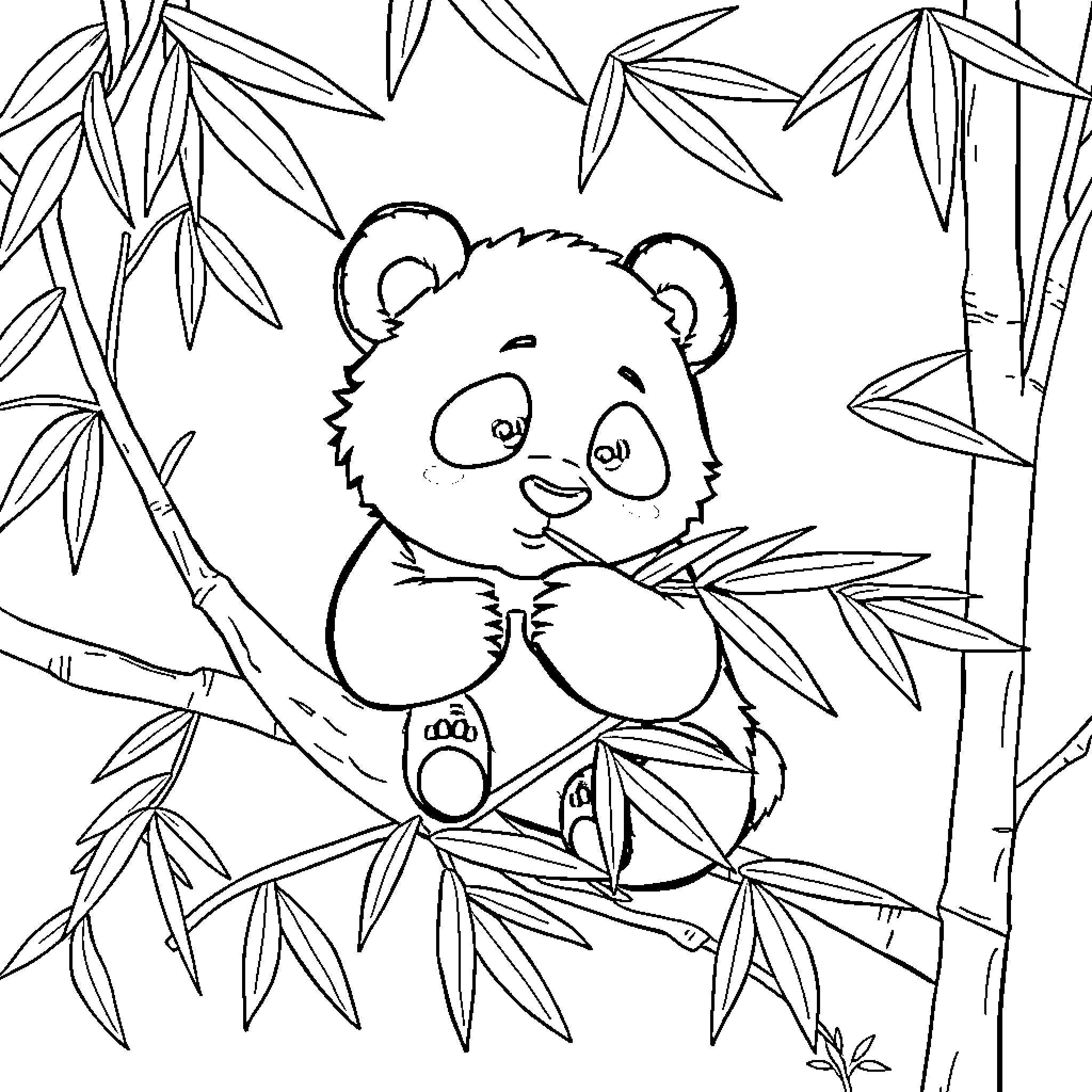 Panda exploring lush bamboo forest Coloring Page (free black-and-white line drawing printable PDF for all, from beginners to advanced learners, including children, teens, adults, and seniors)