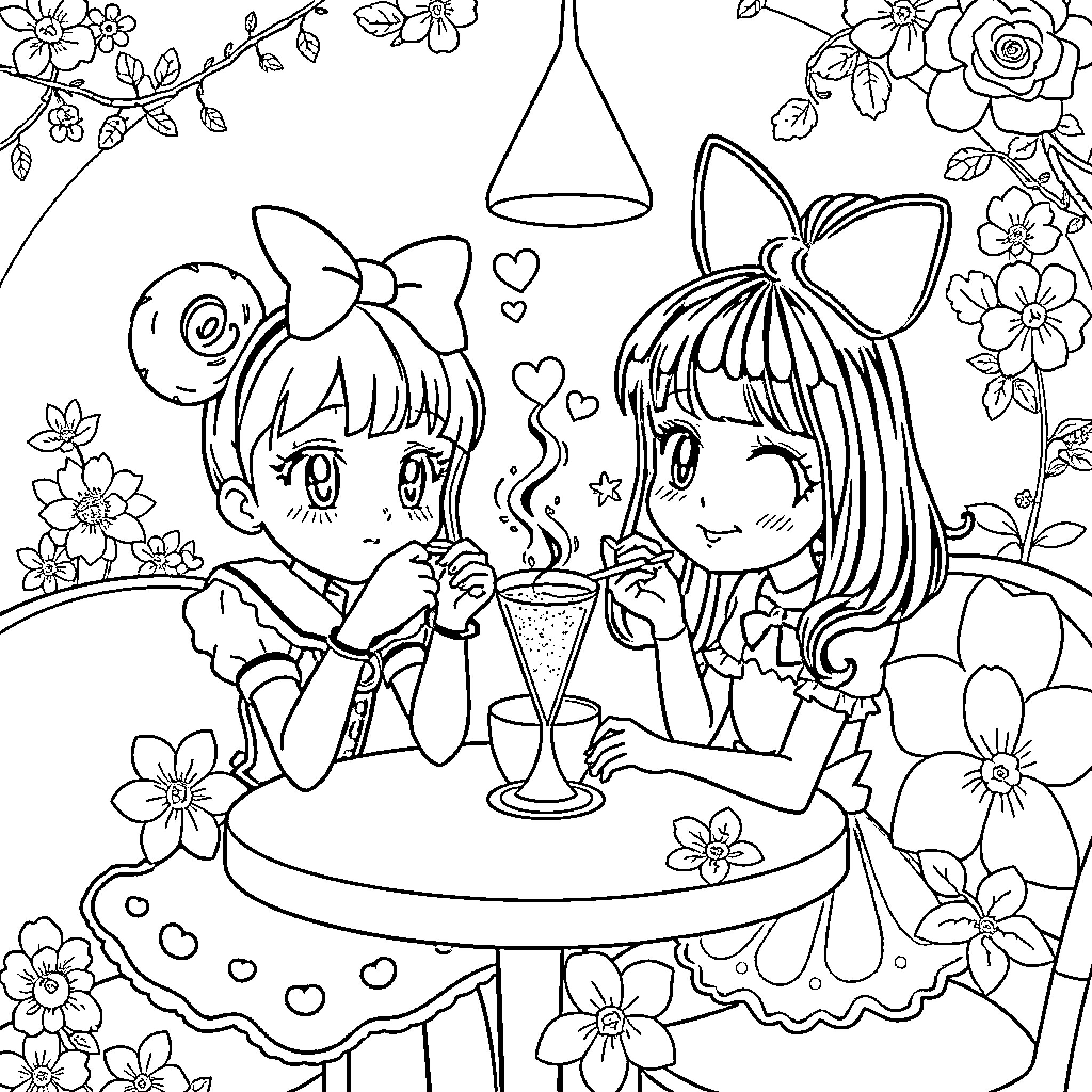 Marinette's Charming Cafe Date with Friends Coloring Page (free black-and-white line drawing printable PDF for all, from beginners to advanced learners, including children, teens, adults, and seniors)