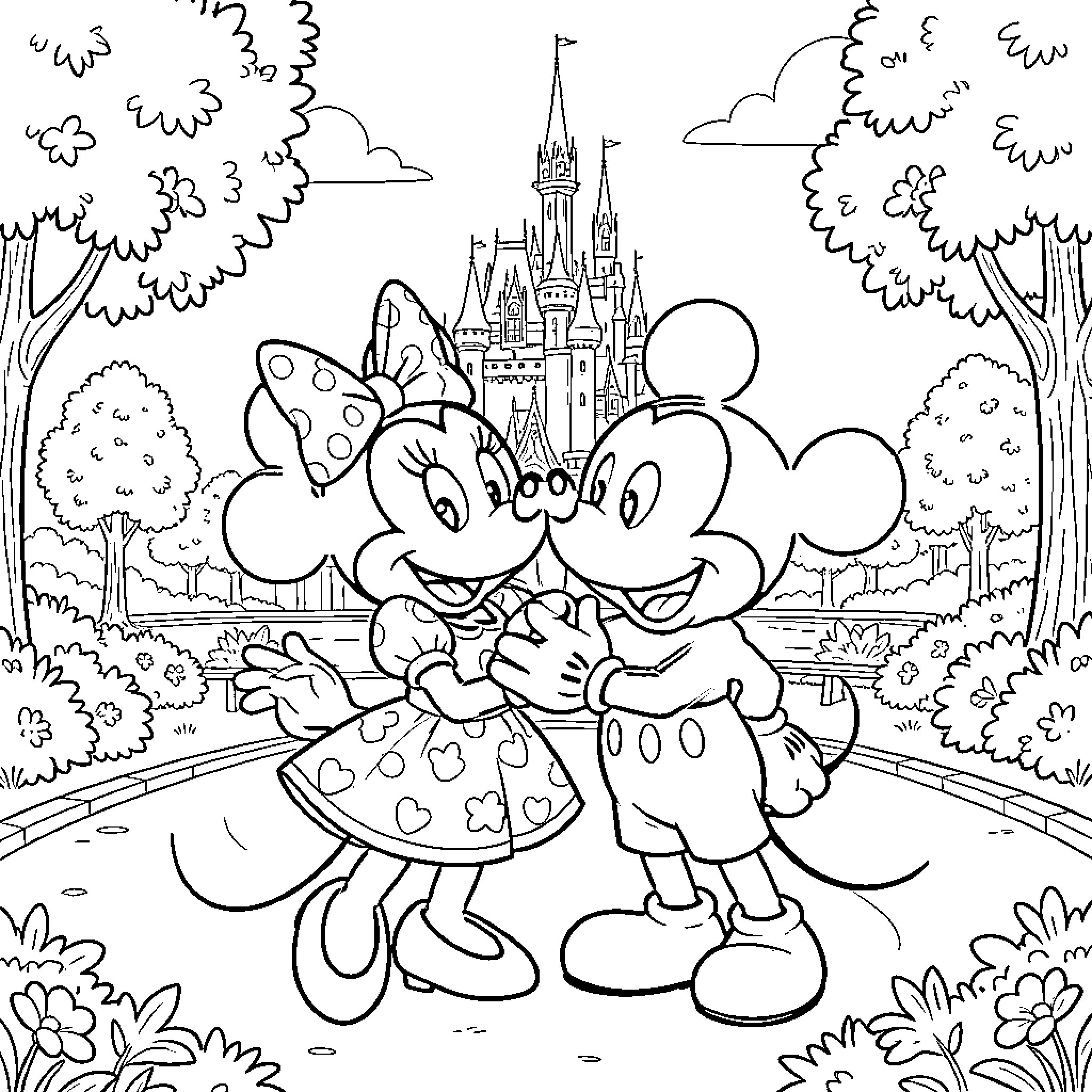 Minnie and Mickey's Magical Adventure at the Castle Coloring Page (free black-and-white line drawing printable PDF for all, from beginners to advanced learners, including children, teens, adults, and seniors)