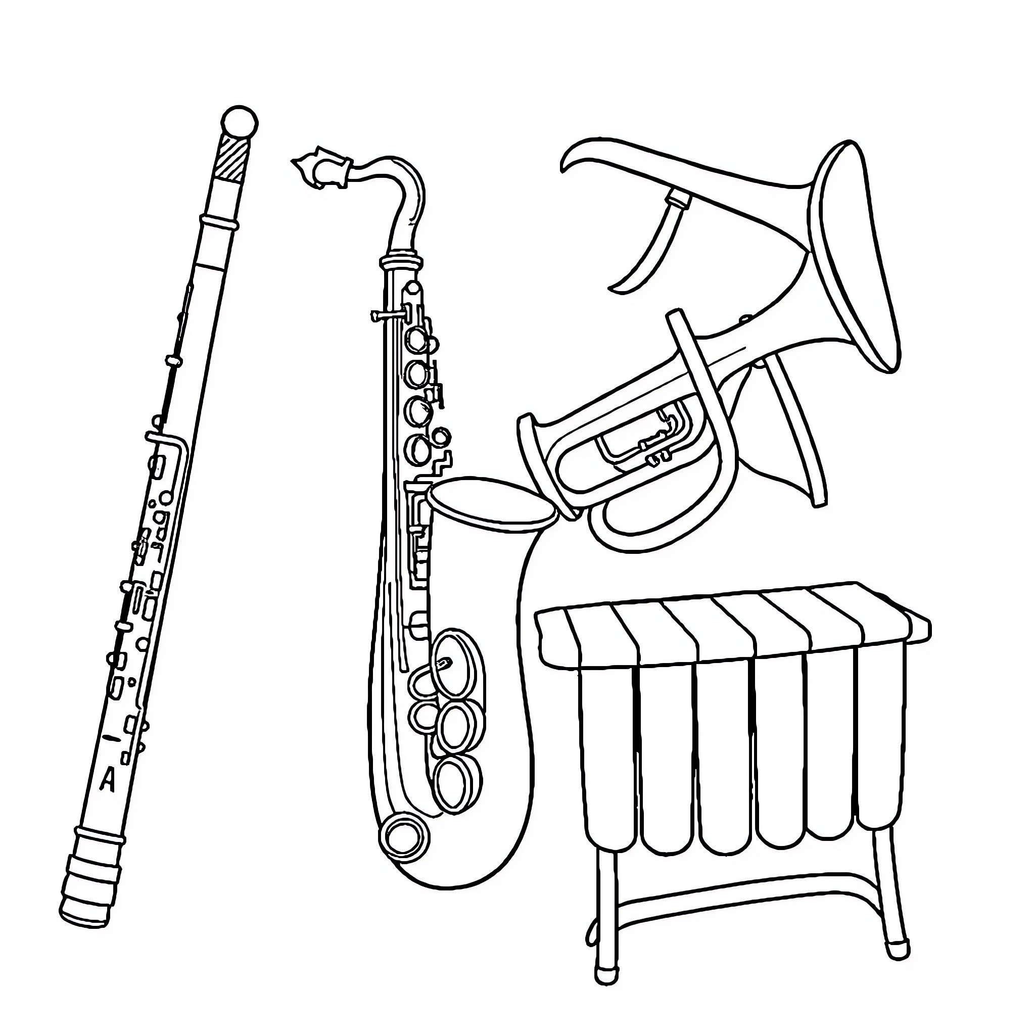 Musical Instrument Ensemble with Varied Instruments Coloring Page (free black-and-white line drawing printable PDF for all, from beginners to advanced learners, including children, teens, adults, and seniors)